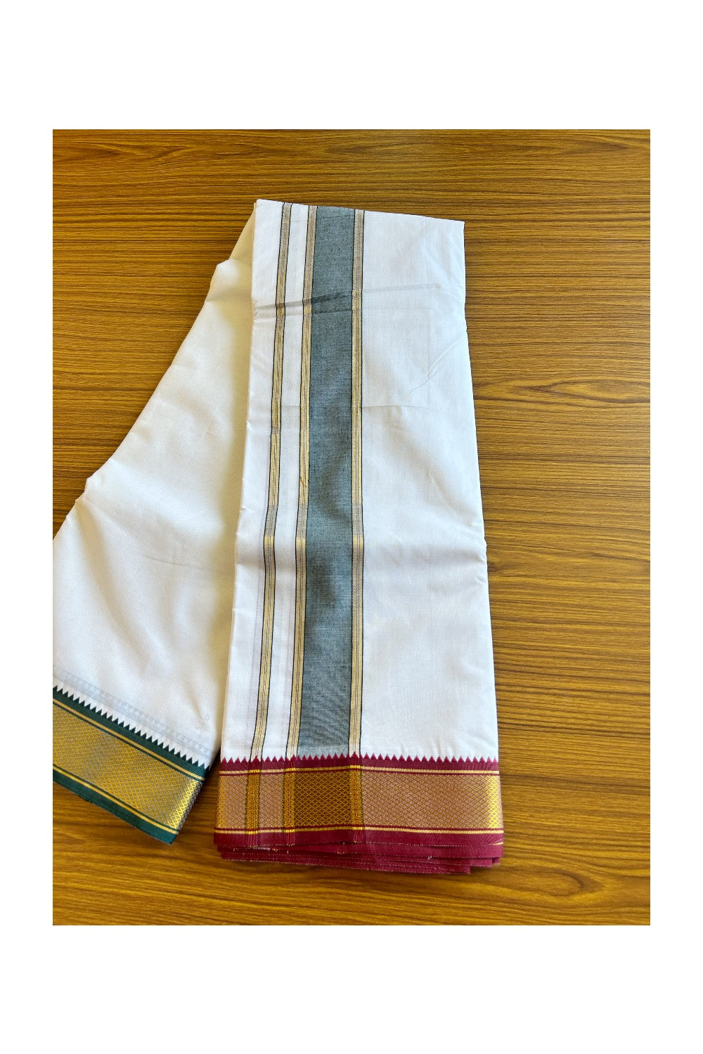 15% DISCOUNT! KaithariKada Cotton mix PURE White - 80x 80 thread - 80 % Cotton & 20 % Polyster -NORTH INDIAN - ATTACHED GAMCHA 10x6 Dhoti- Gold Kasavu Green shaded kara with Green & Maroon - 4KK5008PMC