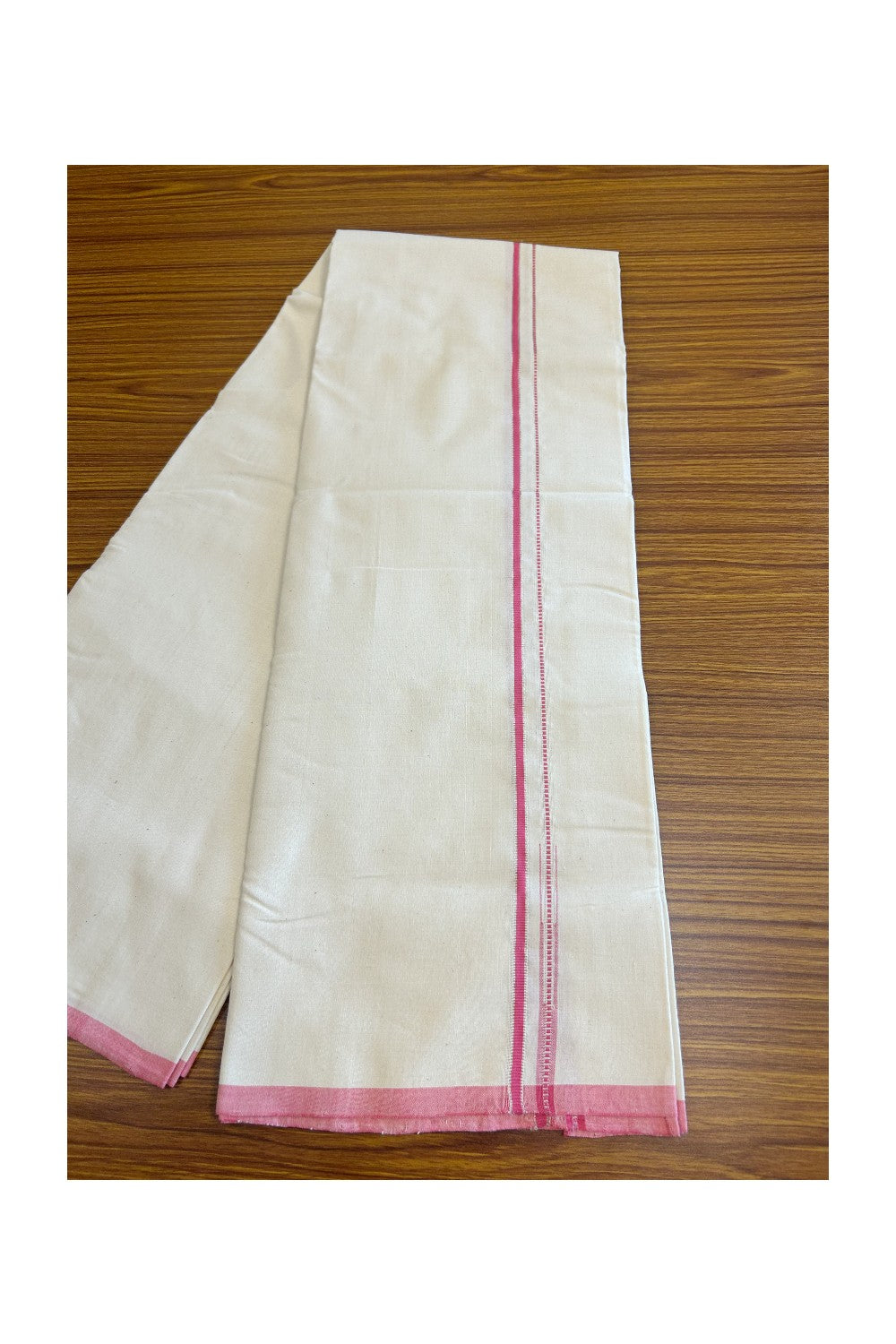 SIGNATURE KAITHARIKADA EXCLUSIVE SINGLE DHOTI - 100% Cotton Balaramapuram HANDLOOM Single Mundu/Dhoti - Off White - (Unbleached) 0.25 Inch Muthukuri Pink & Silver KASAVU Chutty Kara (2 meter / 4 muzham)  - 4KK5010KAI