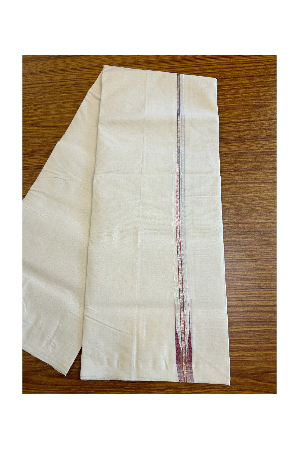 30% DISCOUNT!! KaithariKada HANDLOOM Millpaav Balaramapuram - 100% PURE Cotton OFF White Double - (Unbleached) Mundu/Dothi - 1 inch Puliyilakkara silver Kasavu Orange & Maroon chutty Kara - 4KK5011RAM