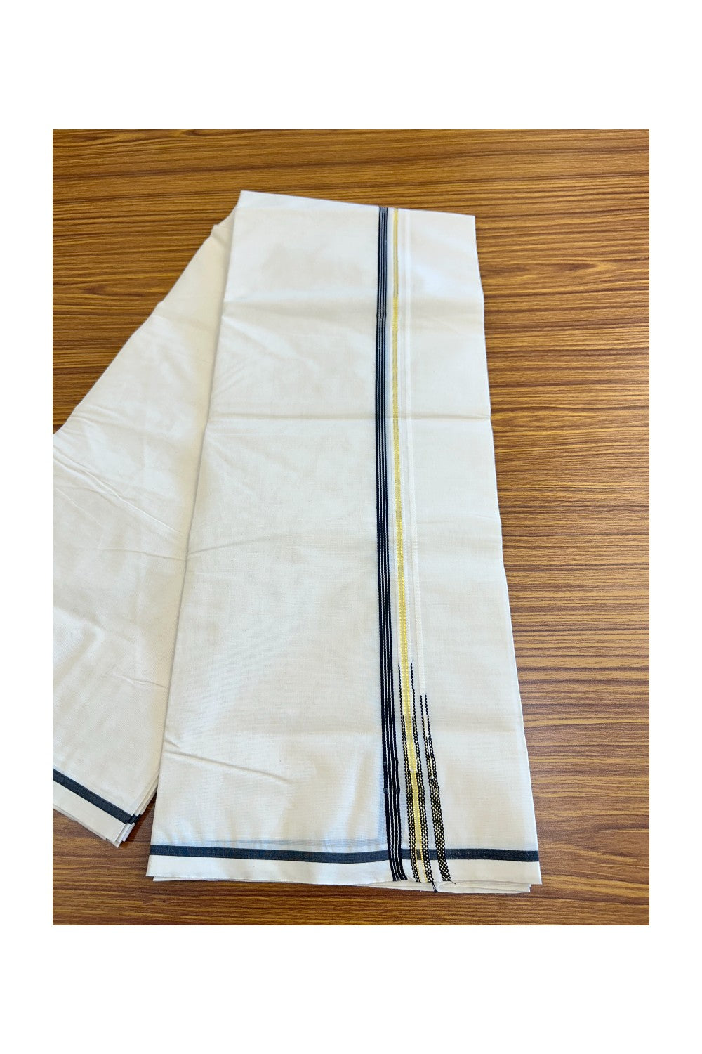 27% Discount Latest!! KaithariKada Balaramapuram 100% Cotton Double Off white - (Unbleached) Mundu/Dhoti-100x100 1.cm  Puliyilakkara Black Striped kara & Kasavu Double Chutty - 4KK5019ASH