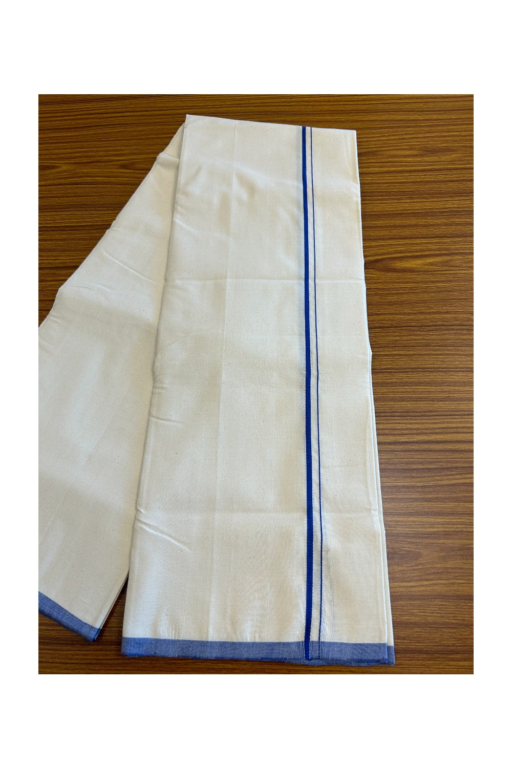 30% Discount!! SIGNATURE KAITHARIKADA EXCLUSIVE SINGLE DHOTI - 100% Cotton Balaramapuram HANDLOOM Single Mundu/Dhoti - Off White - (Unbleached) 0.5inch Blue Kara (2 metre / 4 muzham)- 4KK5021KAI