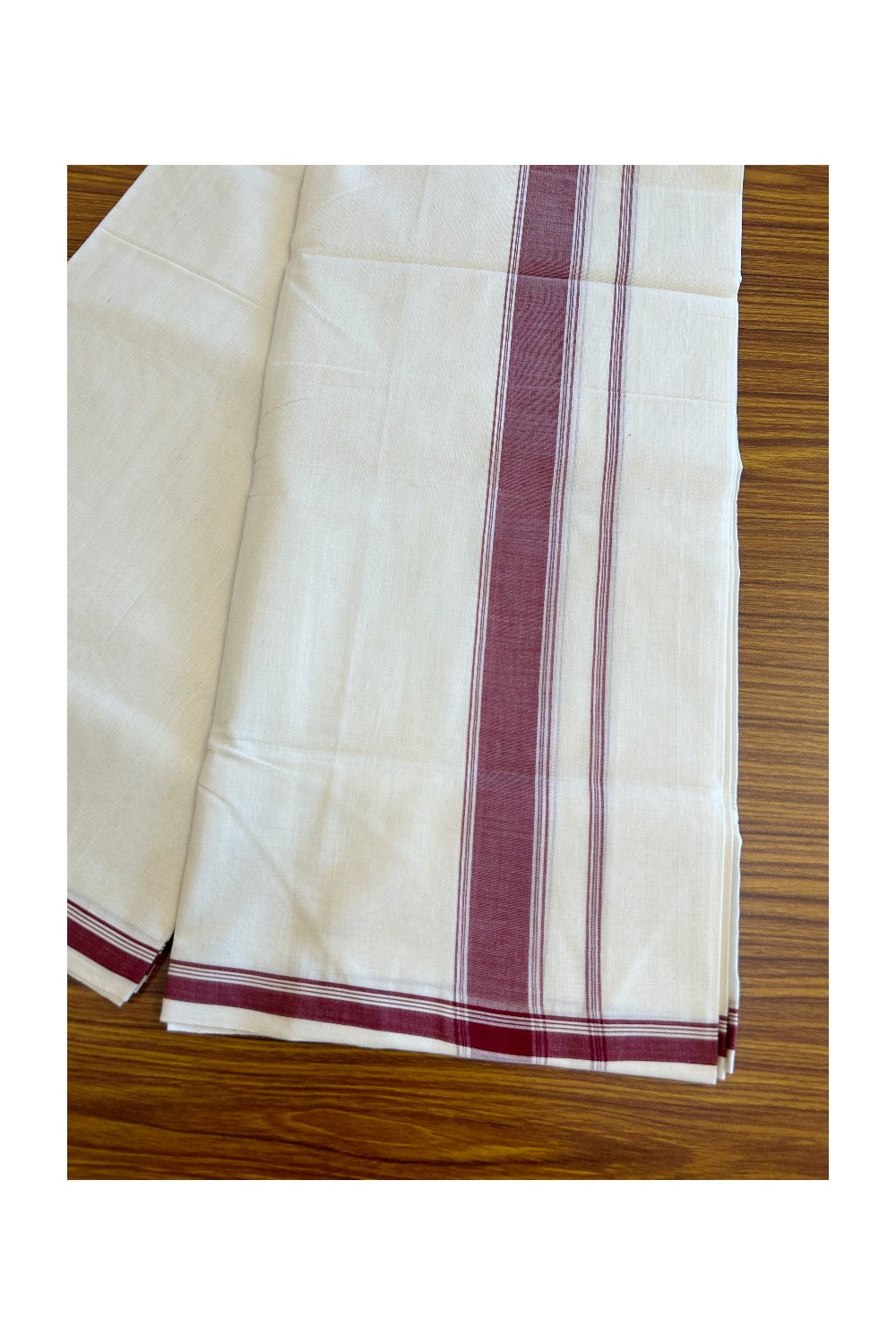 30% Discount KaithariKada HANDLOOM Unakkupaav Balaramapuram - 100% PURE Cotton off white (Unbleached) Double Mundu/Dhoti -  1.inch Maroon Kara-158