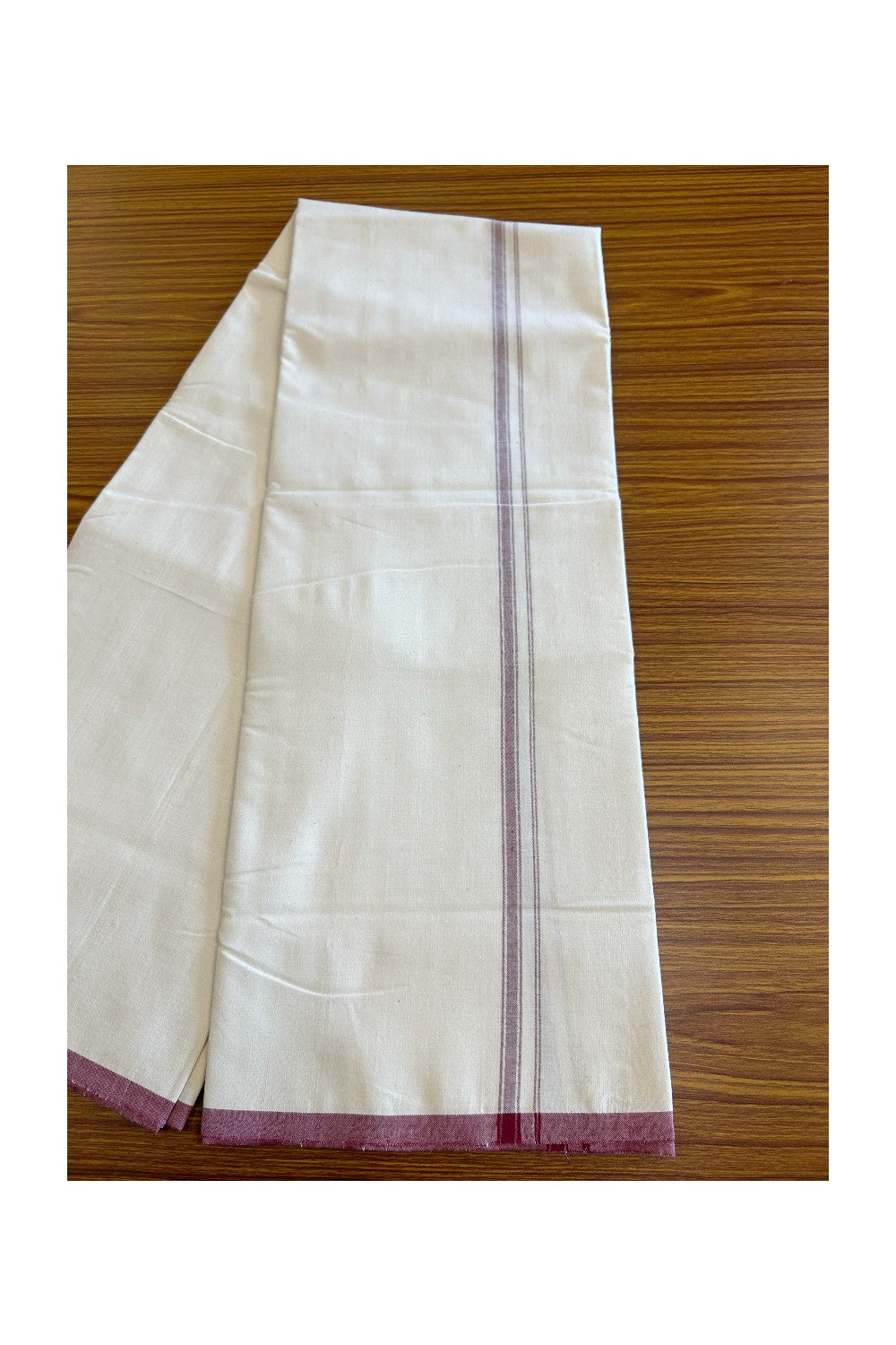 SIGNATURE KAITHARIKADA EXCLUSIVE SINGLE DHOTI - 25% Discount!!! 100% Cotton Balaramapuram HANDLOOM Single Mundu/Dhoti - Off White - (Unbleached) 1 cm Maroon & Silver KASAVU Kara (2 meter / 4 muzham)- 4KK5050KAI