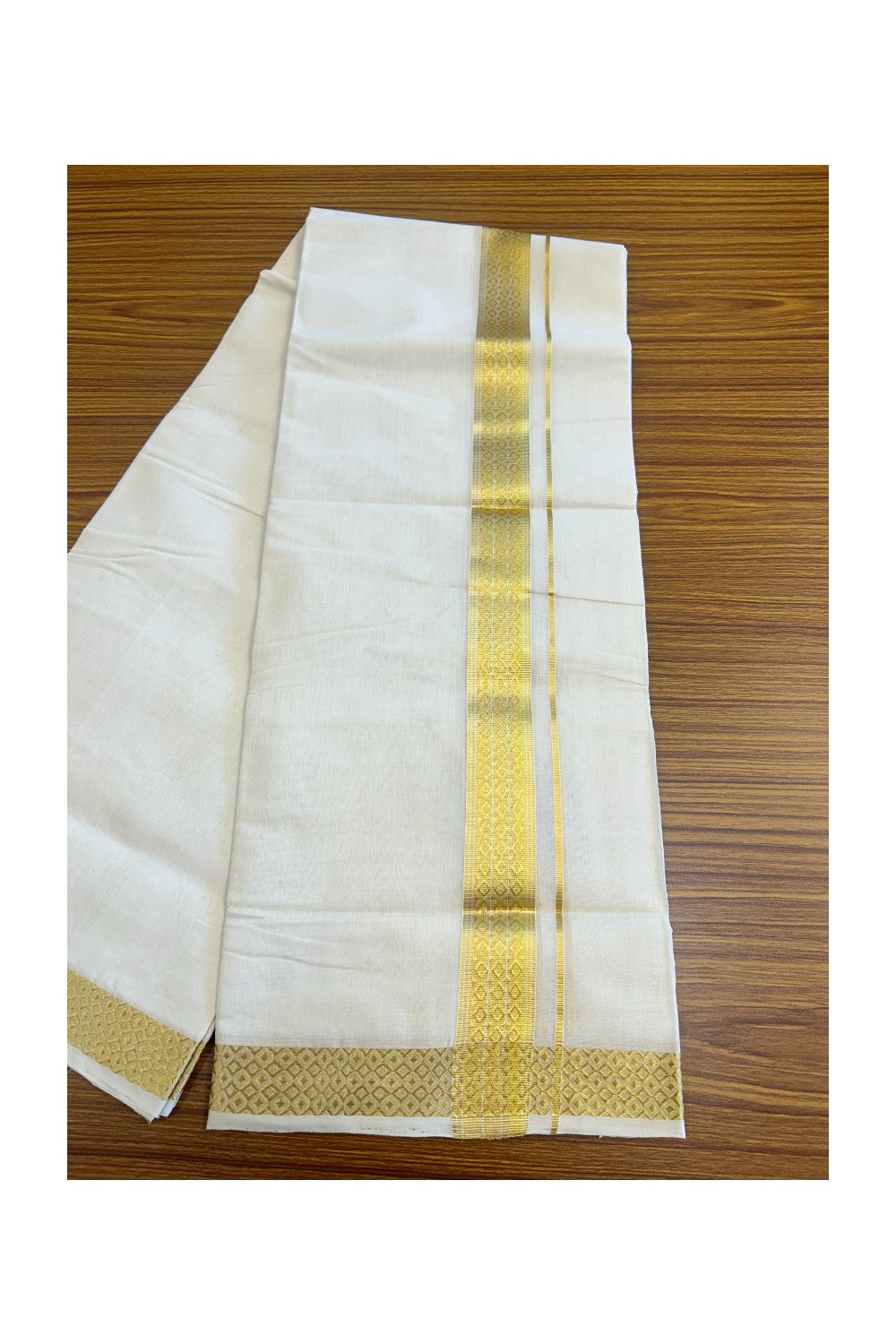 30% DISCOUNT! KaithariKada HANDLOOM Millpaav Balaramapuram - 100% PURE Cotton Off White (Unbleached) Double Mundu/Dhoti - 2.25 inch Designer Kasavu Kara - 29