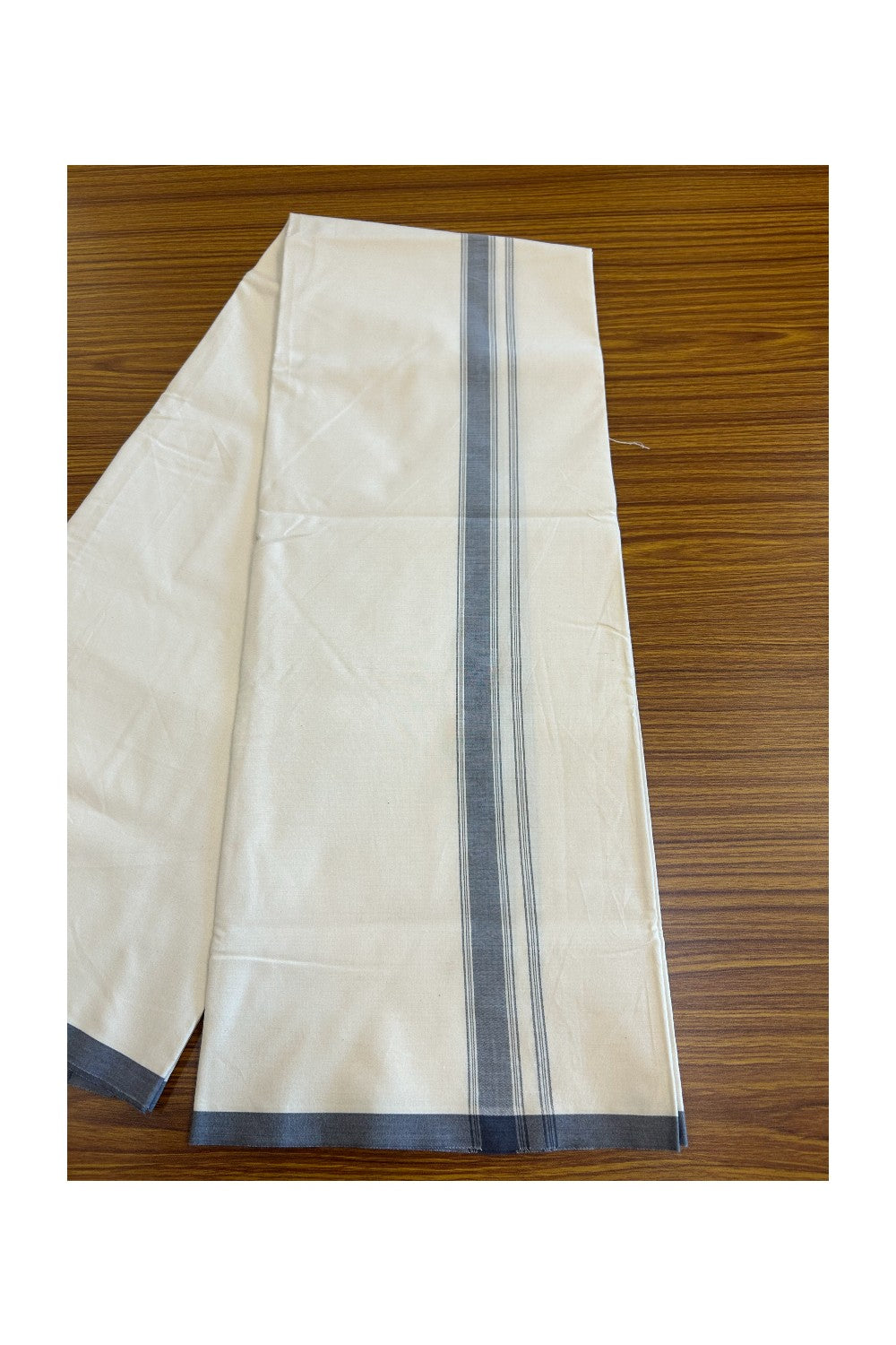 19% DISCOUNT ! KaithariKada Balaramapuram 100% COTTON SINGLE OFF WHITE - (Unbleached) Mundu/Dhoti-Twisted 100s Thread- 1.5 inch GREY Striped Kara (2 meter / 4 muzham)- 4KK5055ASH