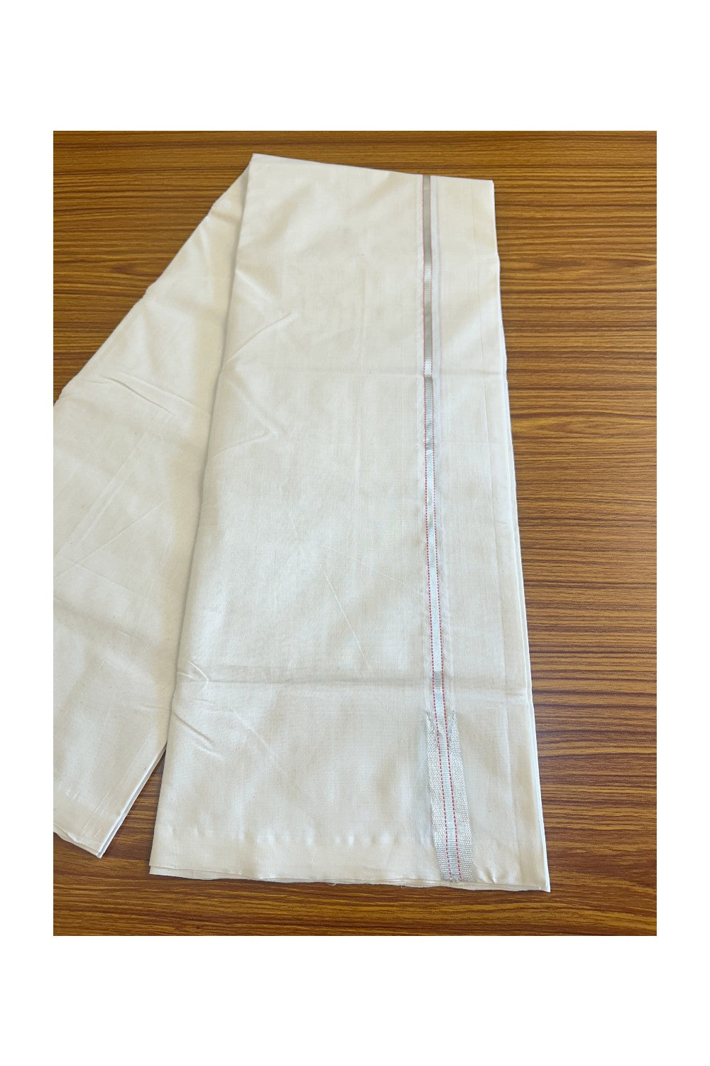 30% DISCOUNT! KaithariKada BALARAMAPURAM HANDLOOM Unakkupaav- 100% PURE Cotton 100x100 Double Mundu/Dhoti OFF WHITE - (Unbleached) -PEACH & Silver Kasavu  0.75 inch PULIYILAKKARA  Chutty- 4KK506RAM