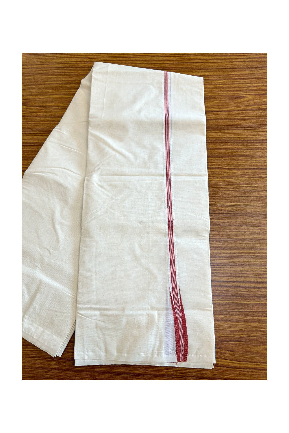 New!! 26% Discount ! KaithariKada Balaramapuram 100% Cotton Off white (Unbleached) Double Mundu/Dhoti-100x100 Puliyilakkara 2.cm Chutty BRICK RED Striped kara - 20KK417ASH