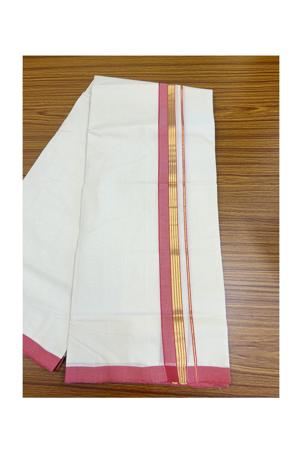 25% Discount !! KaithariKada HANDLOOM millpaav Balaramapuram - 100% PURE Cotton OFF White Double - (Unbleached)  Mundu/Dothi - 2.25  inch Kasavu stripes & Reddish Pink Kara 4.5 Meters (10 Muzham) - 4KK5081RAM