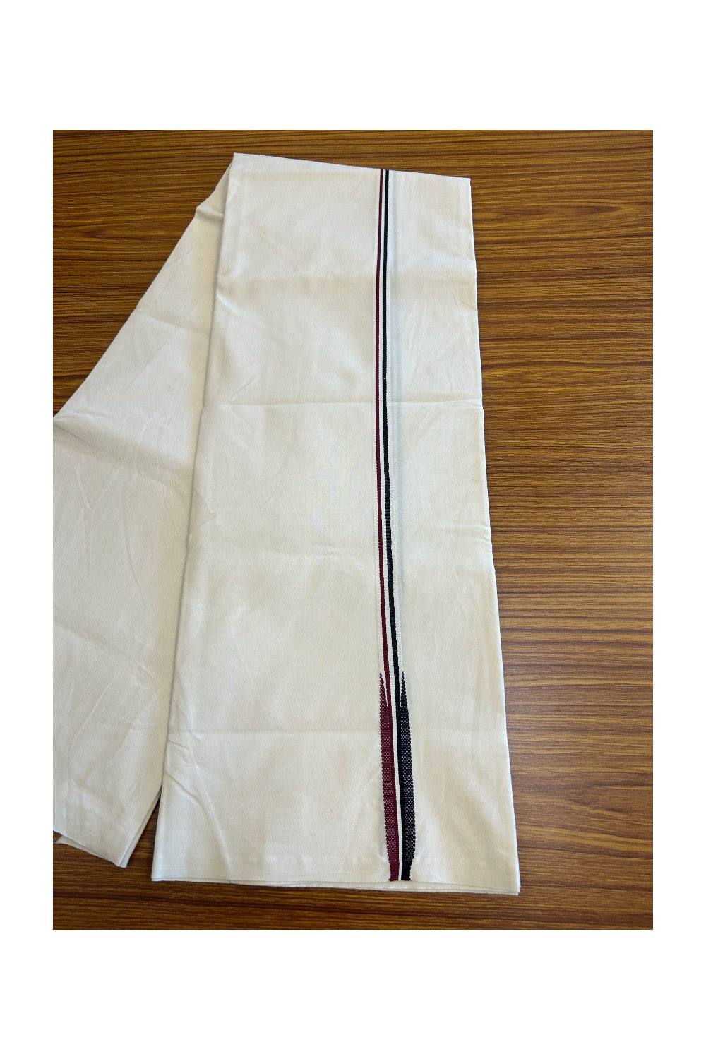 ADMK VESTHI 29% DISCOUNT ! KaithariKada Balaramapuram 100% COTTON SINGLE OFF WHITE (Unbleached) Mundu/Dhoti-100X100- 0.5 Inch  Puliyilakkara Maroon & Black Chutty Kara (2 metre - 4 muzham) - 4KK5084ASH