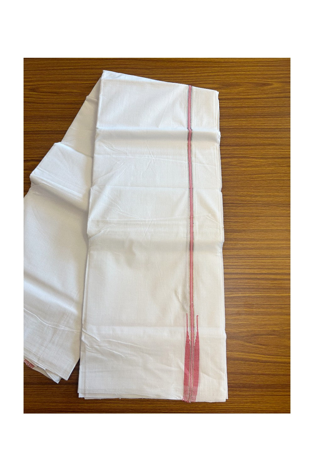 30% DISCOUNT!! KaithariKada HANDLOOM Unakkupaav Balaramapuram - 100% Pure Cotton PURE WHITE  Double Mundu/Dothi - 1.5 cm Silver Kasav Reddish Rose Muthukkuri Chutty Puliyilakkara - 4KK5129YAR