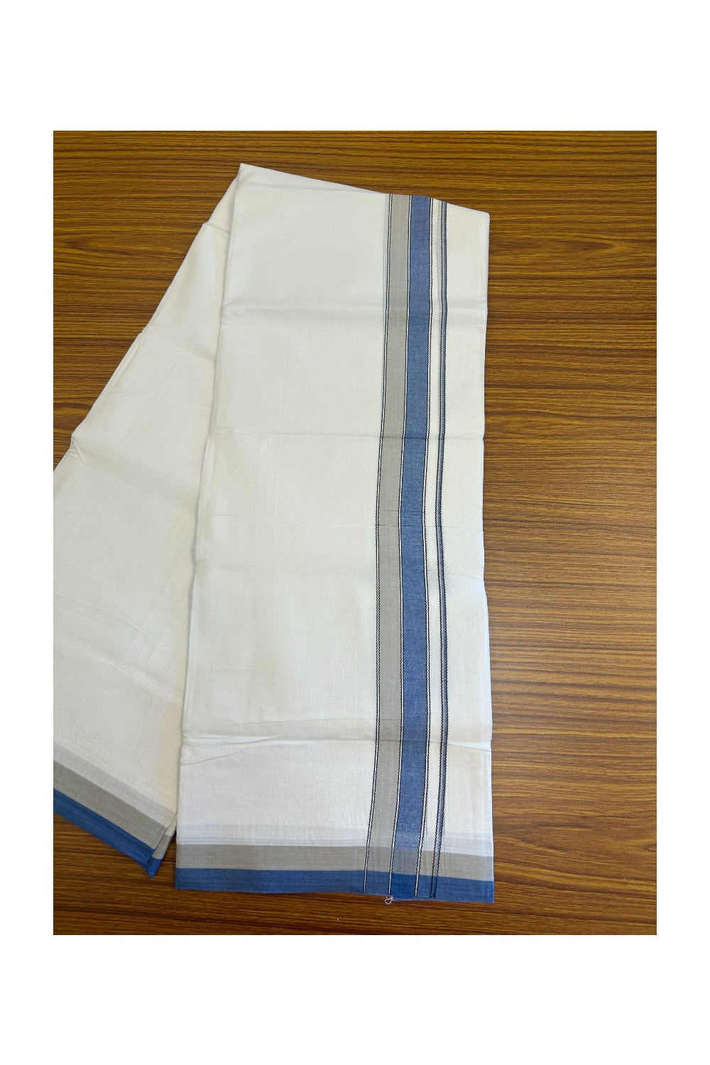 28% DISCOUNT! KaithariKada Balaramapuram 100% Cotton PURE WHITE Double Mundu/Dhoti-100x80- 1.75 inch Blue & Gray shaded designer kara - 4KK5134THI