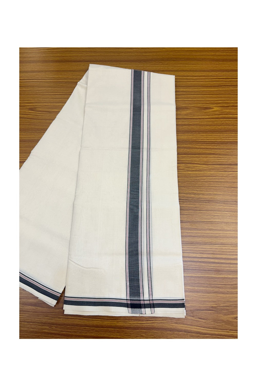 30% Discount!!! KaithariKada HANDLOOM UNAKKUPAAV Balaramapuram - 100% PURE Cotton OFF WHITE Double Mundu/Dhoti - 1.5 inch Black & Maroon striped Mulloth Kara - 4KK5136RAM