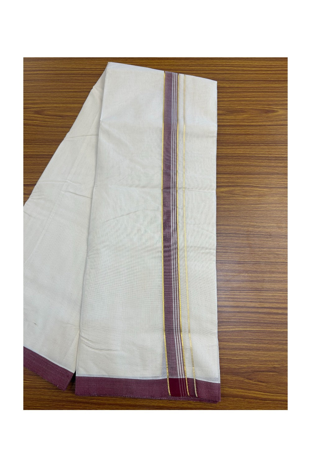 26% Discount KaithariKada Balaramapuram 100% Cotton Double Off white - (Unbleached) - Mundu/Dhoti- 100x80 - 1.25 inch Gold Kasavu & Maroon Striped Kara 3.70 mtr (8 Muzham)- 4KK5140ASH