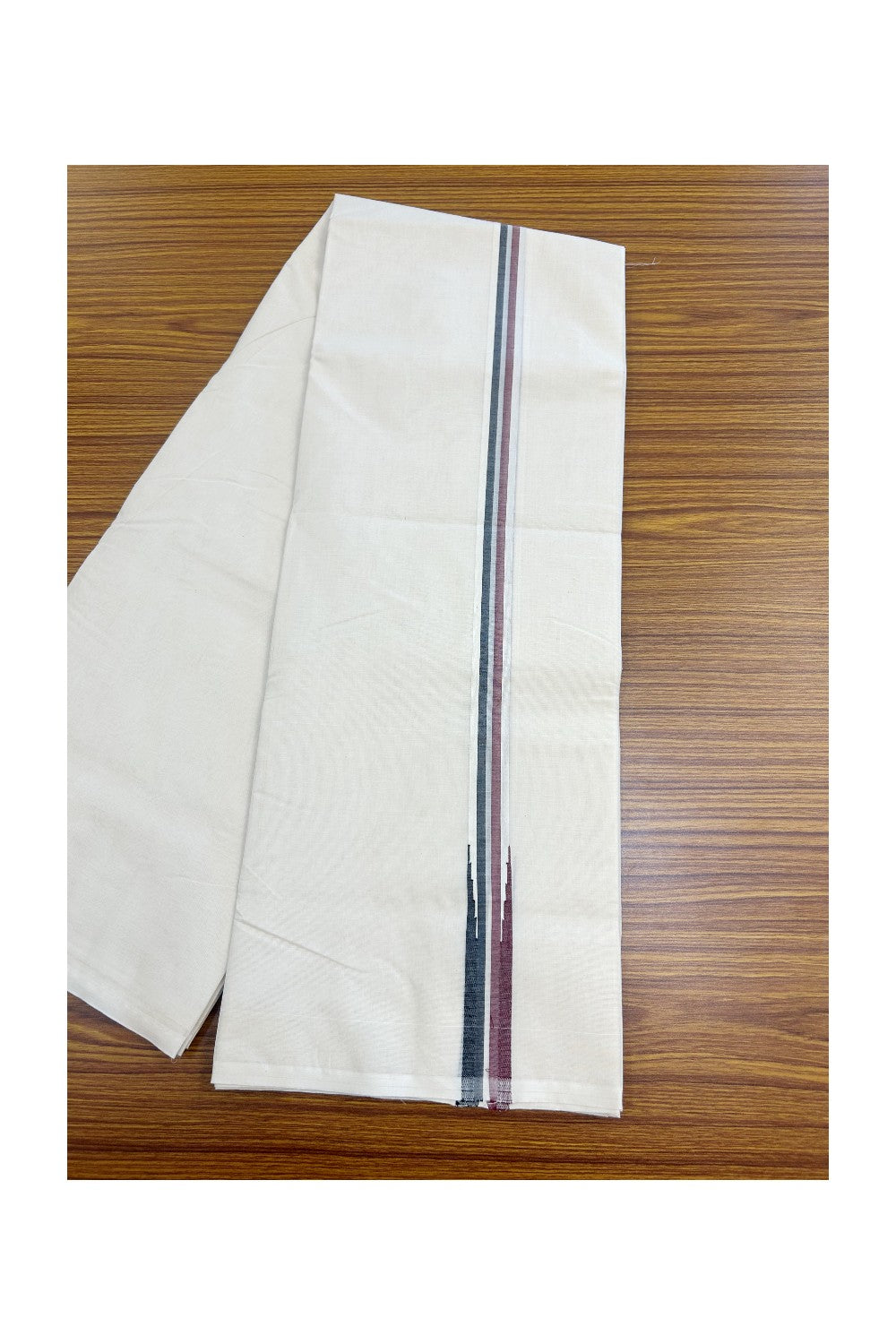 ADMK VESTHI 22% DISCOUNT ! KaithariKada Balaramapuram 100% COTTON DOUBLE OFF WHITE (Unbleached) Mundu/Dhoti-100X100- 1 Inch  Puliyilakkara Maroon & Black Big Chutty Kara - 4KK5145ASH