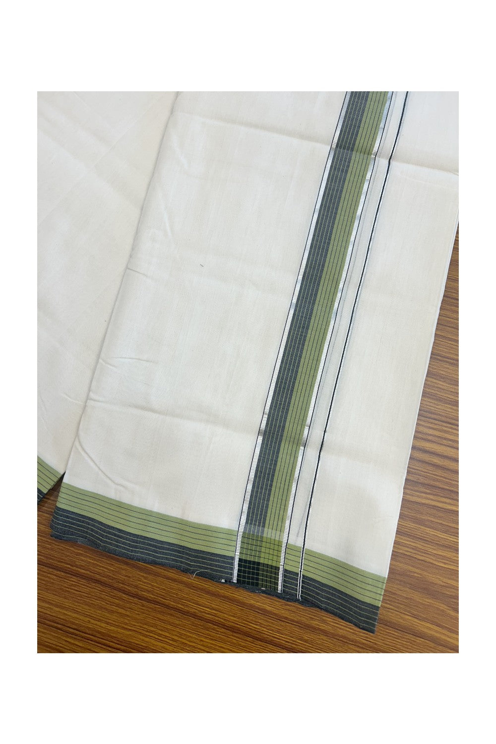 30% DISCOUNT!! KaithariKada HANDLOOM UNAKKUPAAV Balaramapuram - 100% PURE Cotton OFF White Double - (Unbleached)- Mundu/Dothi - 1.5 inch Silver Kasavu & Black Green Striped Kara 4.5 Meters (10 Muzham) - 4KK5160REA