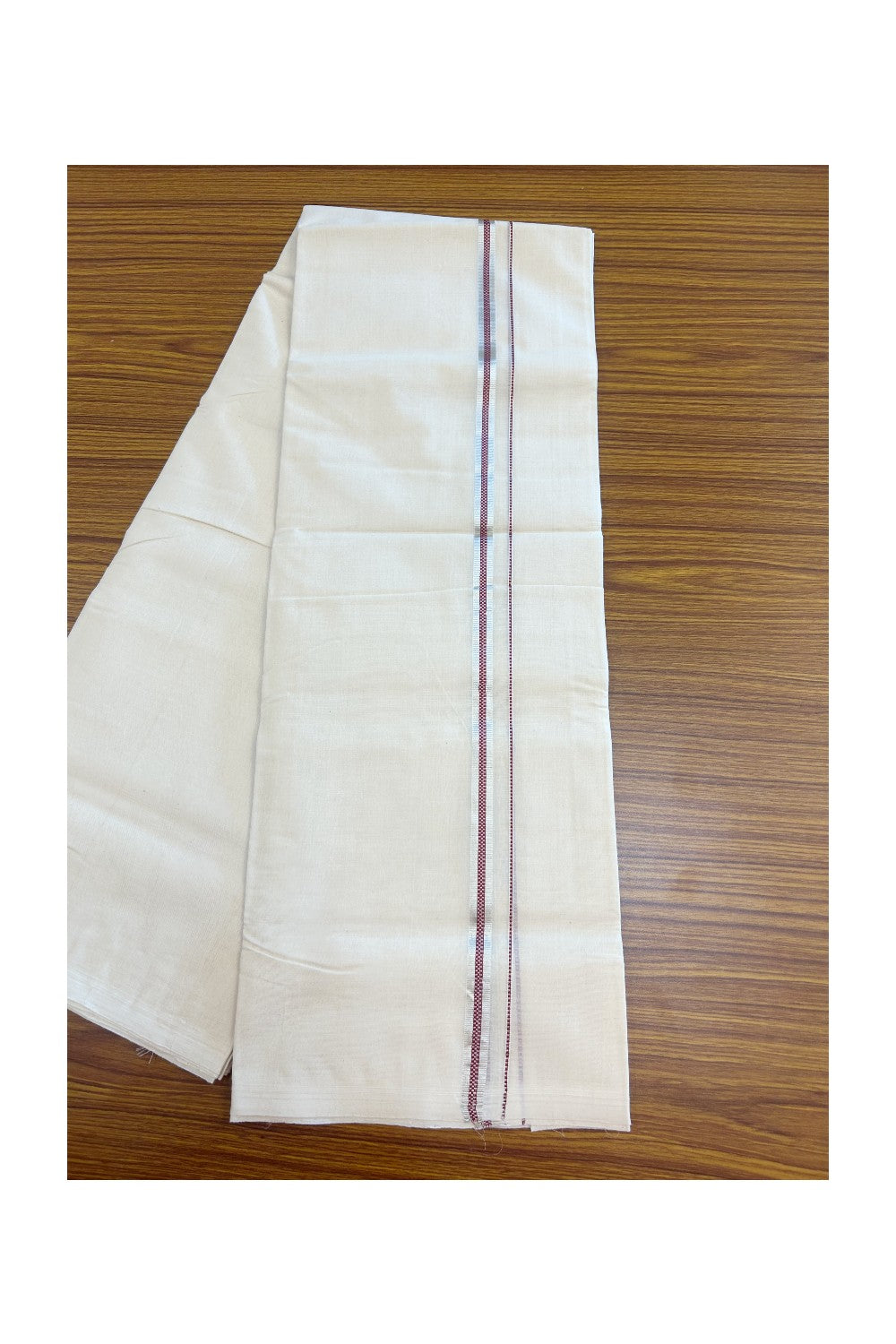27% DISCOUNT! KaithariKada BALARAMAPURAM HANDLOOM UNAKKUPAAV - 100% PURE Cotton Off white (Unbleached) Double Mundu/Dhoti - 0.5 inch Silver Kasavu & Muthukkuri Maroon Kara (8 Muzham) - 18KK5161SOM
