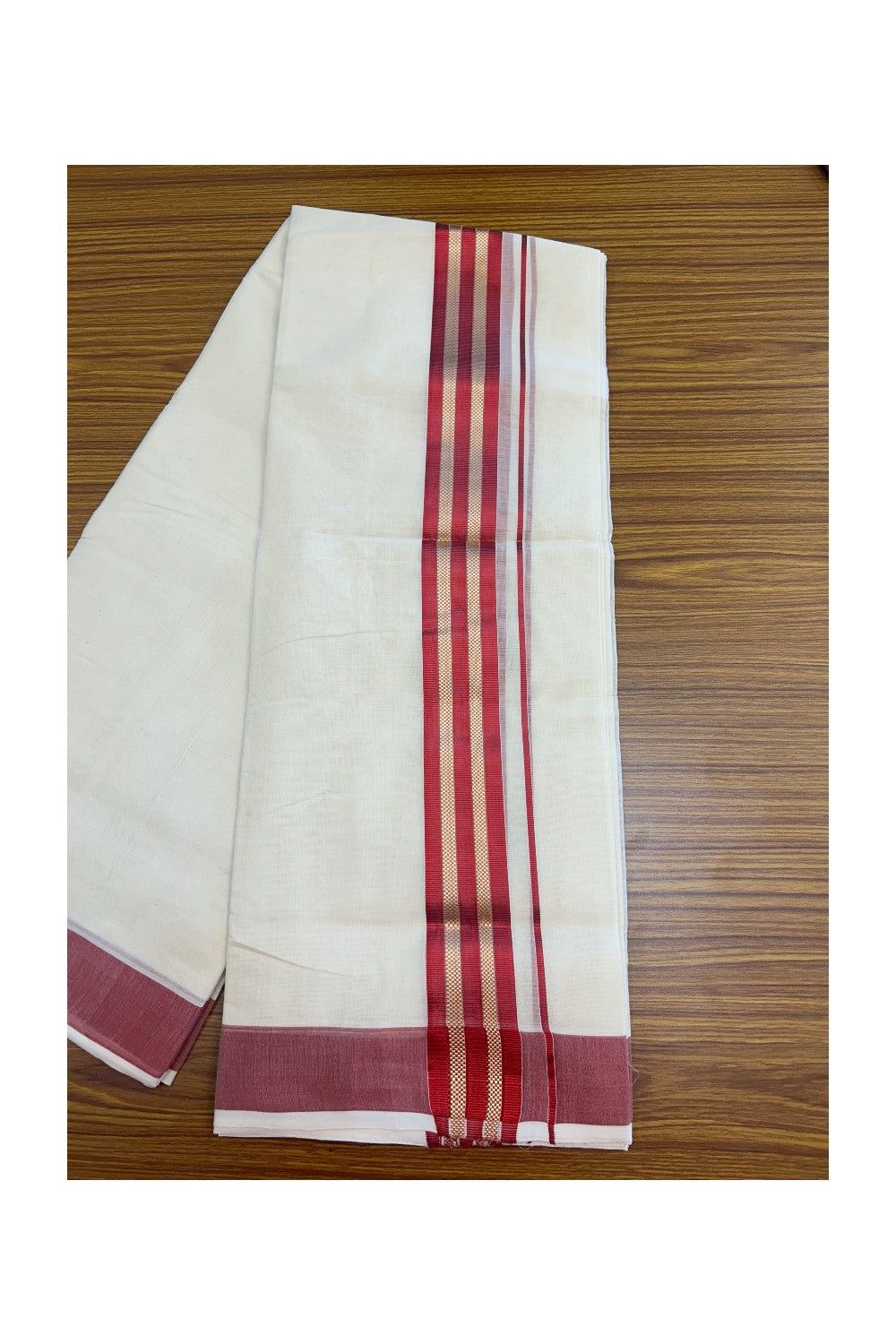 27% DISCOUNT!! KaithariKada HANDLOOM millpaav Balaramapuram - 100% PURE Cotton OFF White - (Unbleached) Double Mundu/Dothi - 2 inch Red colour kasavu  & Gold Kasavu Striped kara - 9KK5162RAM