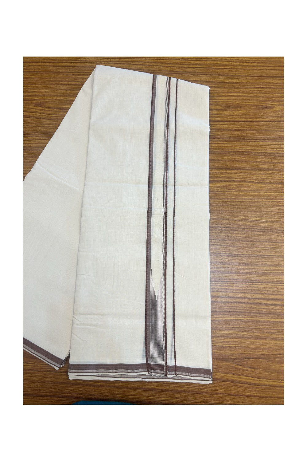 25% DISCOUNT!! KaithariKada HANDLOOM  UNAKKUPAAV Balaramapuram - 100% PURE Cotton OFF White - (Unbleached) Double Mundu/Dothi - 100X100 - 1.5 inch Puliyilakkara Brown & white striped chutty - 1KK5167REA