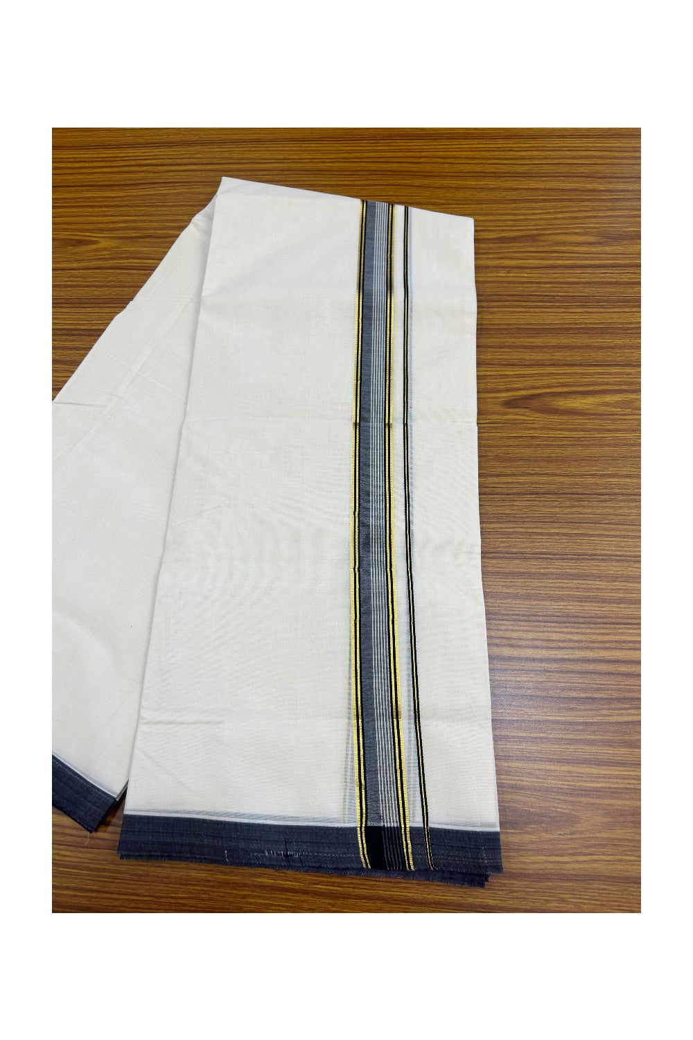 SHORT DHOTI SPECIAL! Kaitharikada.com 34% DISCOUNT! KaithariKada Balaramapuram 100% Cotton  Off white (Unbleached) Double Mundu/Dhoti-100x100 - 1.25 inch Kara & 46 inches Height Navy Blue & Kasavu Kara- 4KK5168ASH