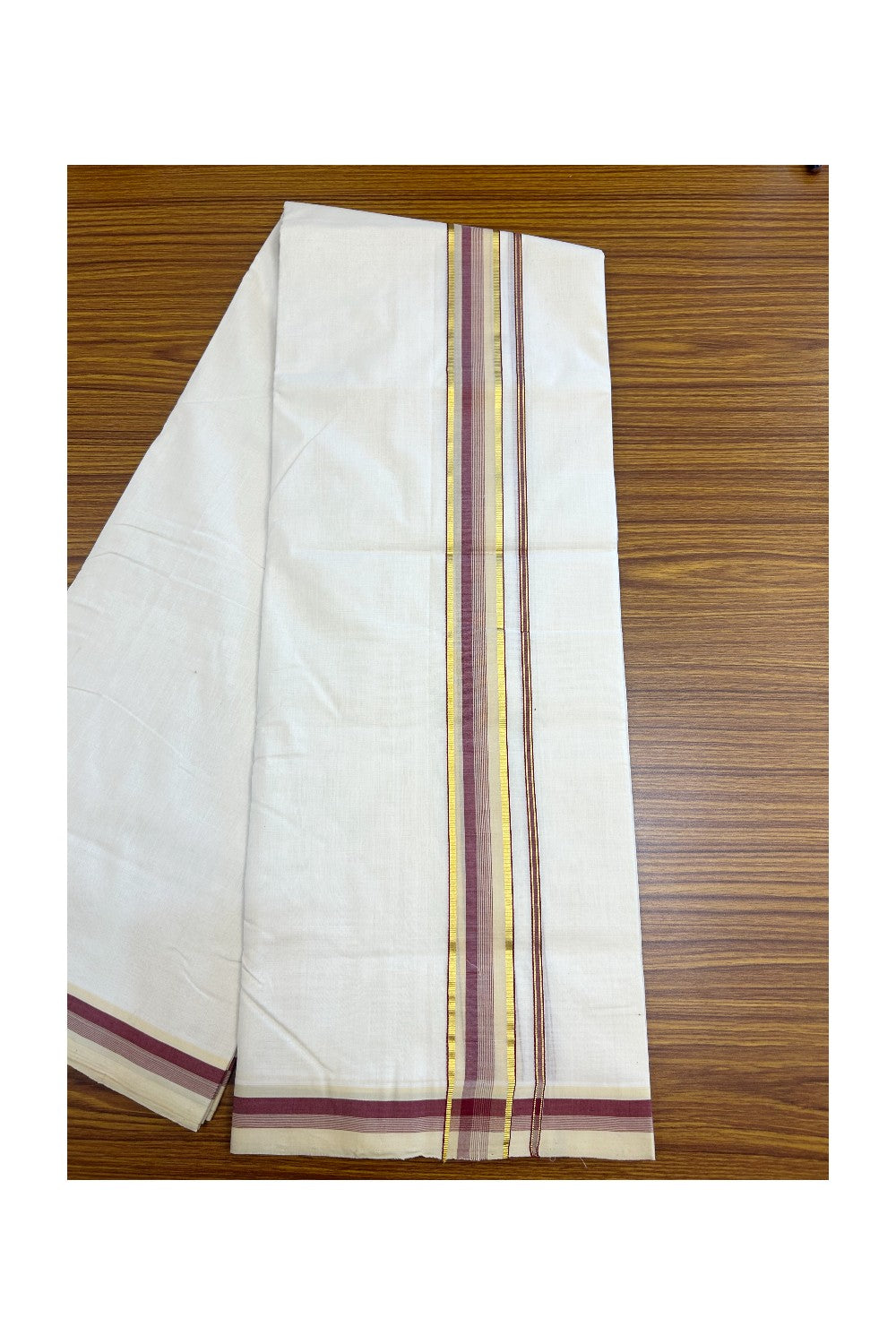 25% DISCOUNT!! KaithariKada HANDLOOM Unakkupaavu Balaramapuram - 100% PURE Cotton Off White (Unbleached) Double Mundu/Dhoti - 1.5 inch Maroon & Cream with Kasavu Stripes - 4KK5169REA