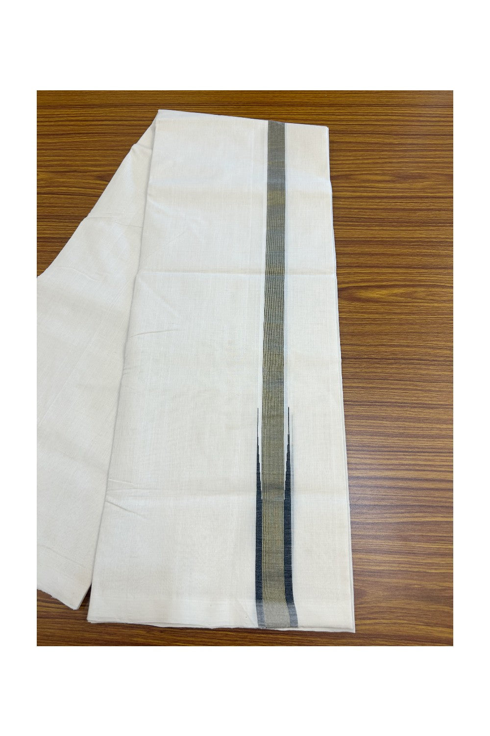25% DISCOUNT! KaithariKada BALARAMAPURAM HANDLOOM MILLPAAV - 100% PURE Cotton Off white (Unbleached) Double Mundu/Dhoti - 1.25 inch BLACK & Gold Kasav Chutty Kara - 9KK5170RAM