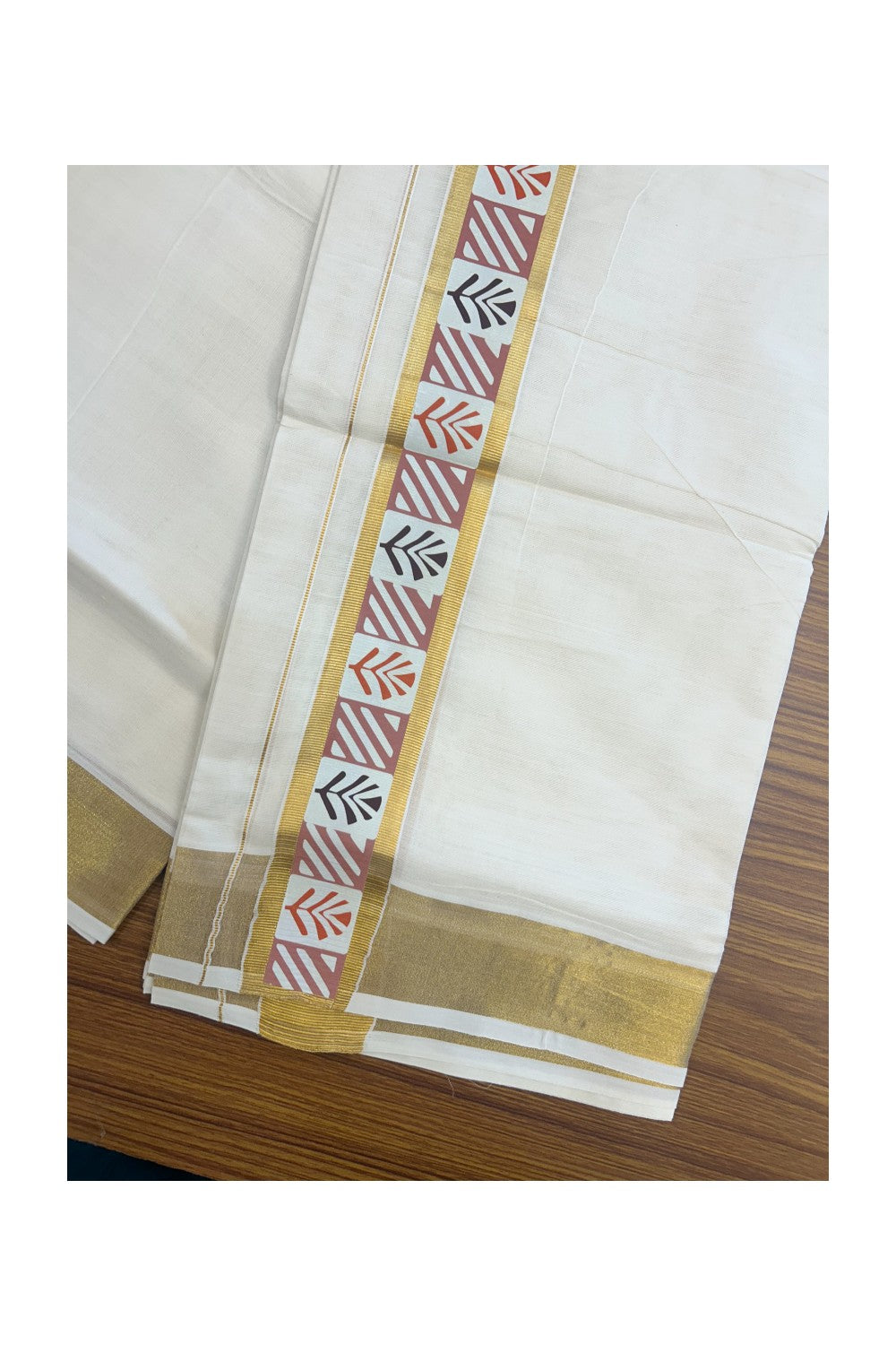 20% DISCOUNT! KaithariKada Balaramapuram 100% Cotton off white - (Unbleached) Double Mundu/Dhoti - 80X72 Cotton mix - 2 inch Printed Multicolour & Gold kasavu kara - 4KK5172PMC