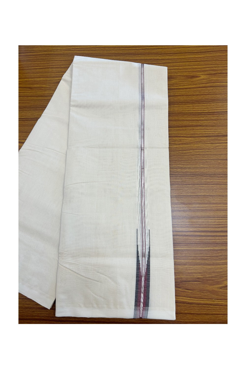25% DISCOUNT!! KaithariKada HANDLOOM MILPAAV Balaramapuram - 100% PURE Cotton OFF White Double - (Unbleached) Mundu/Dothi - 100x100 - 1 inch Silver Kasavu Maroon & Brown shaded chutty - 3KK5177RAM