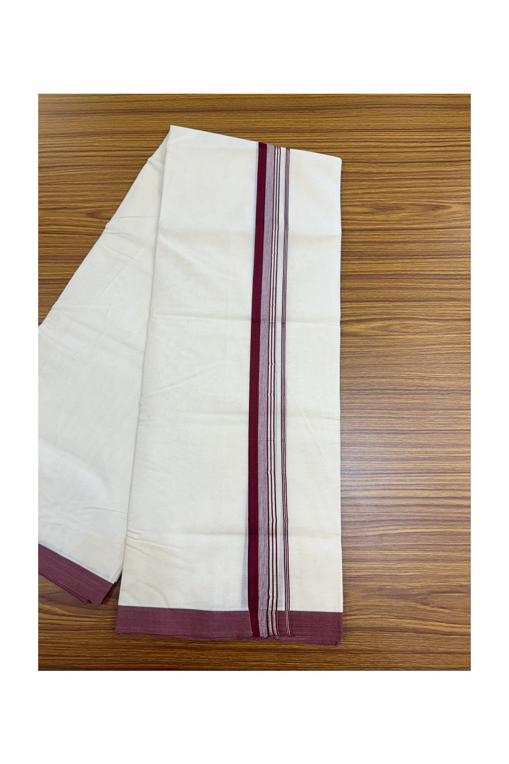 19% Discount KaithariKada Balaramapuram 100% Cotton Double Off white - (Unbleached) - Mundu/Dhoti - 100x100 - 1.25 inch Silver Kasavu & Maroon Striped Kara - 4KK5178ASH
