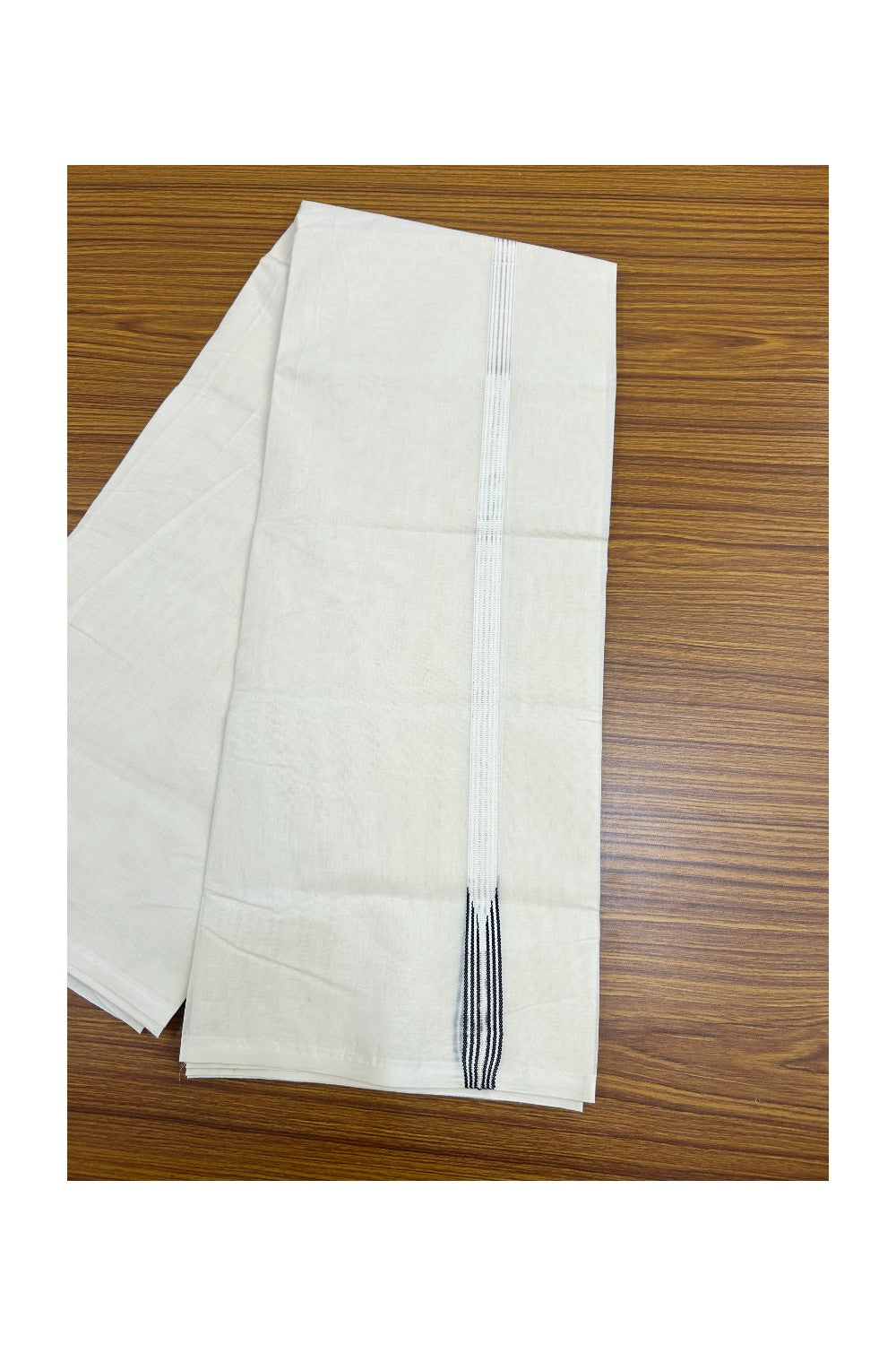 21% Discount! KaithariKada Balaramapuram 100% Cotton Off White - (Unbleached) - Double Mundu/Dhoti-100x100 - 0.75 inch 6 line Puliyilakkara Black & Silver Kasavu Chutty Kara - 4KK5179ASH