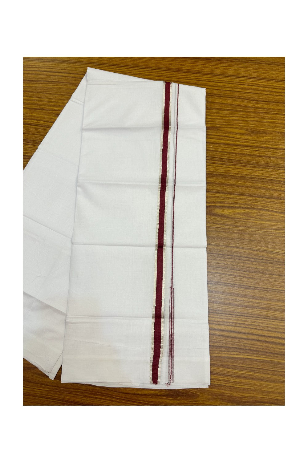 20% Discount !! Kaitharikada Balaramapuram 100% Cotton PURE WHITE Double Mundu/Dothi - 100x80 - 0.75 inch Silver Kasavu & Maroon Chutty Kara - 4KK5191CKS