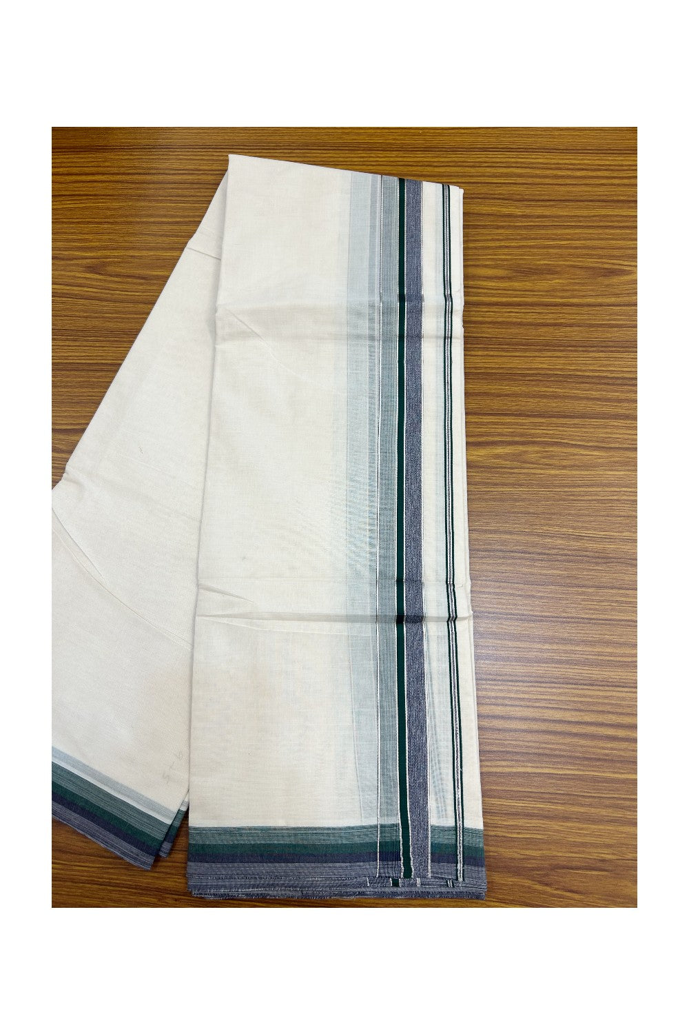 20% DISCOUNT! KaithariKada  Cotton OFF White - 100x80 thread-  NORTH INDIAN ATTACHED GAMCHA - 9X5 Dhoti - 1.5 inch Silver Kasavu Dark Green & Shaded Violet Stripes Kara - 4KK5189PMC