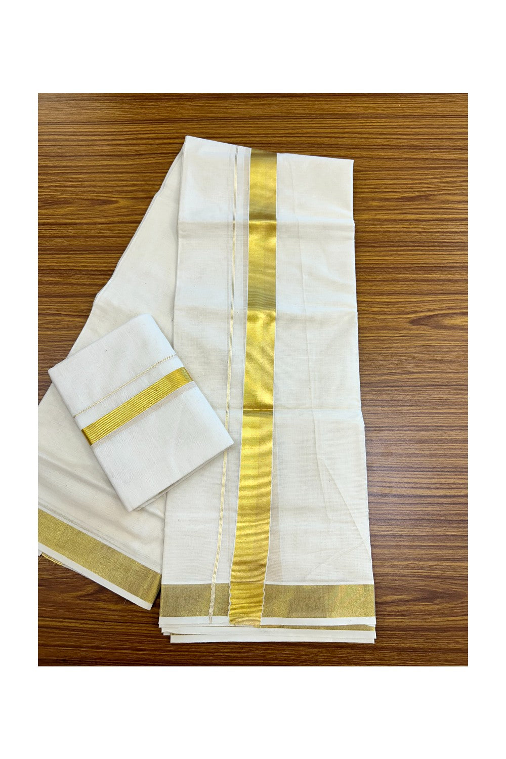 20% Discount!! KaithariKada Balaramapuram - 100% PURE Cotton Off White  (Unbleached) Mundu/Dhoti & Neriyath set - 1.5 Inch Kasavu Kara - 4KK5213 VIN