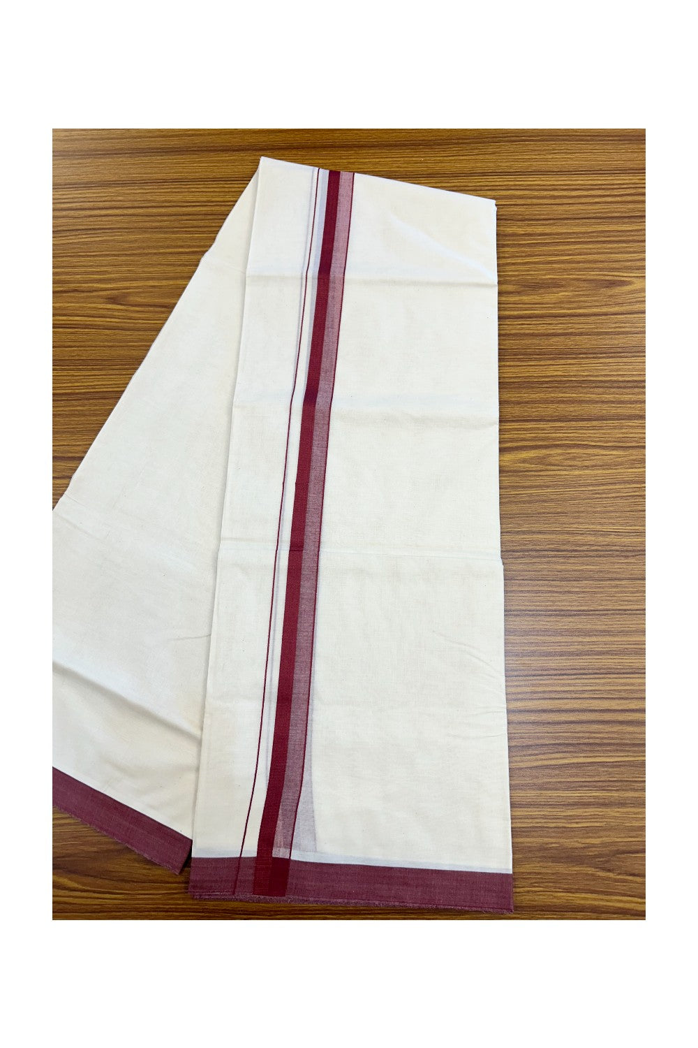 24% Discount ! KaithariKada Balaramapuram 100% Cotton Double OFF WHITE- (Unbleached) - Mundu / Dhoti- 100x80 - 1.5 inch Maroon Kara - 4KK5214 MC