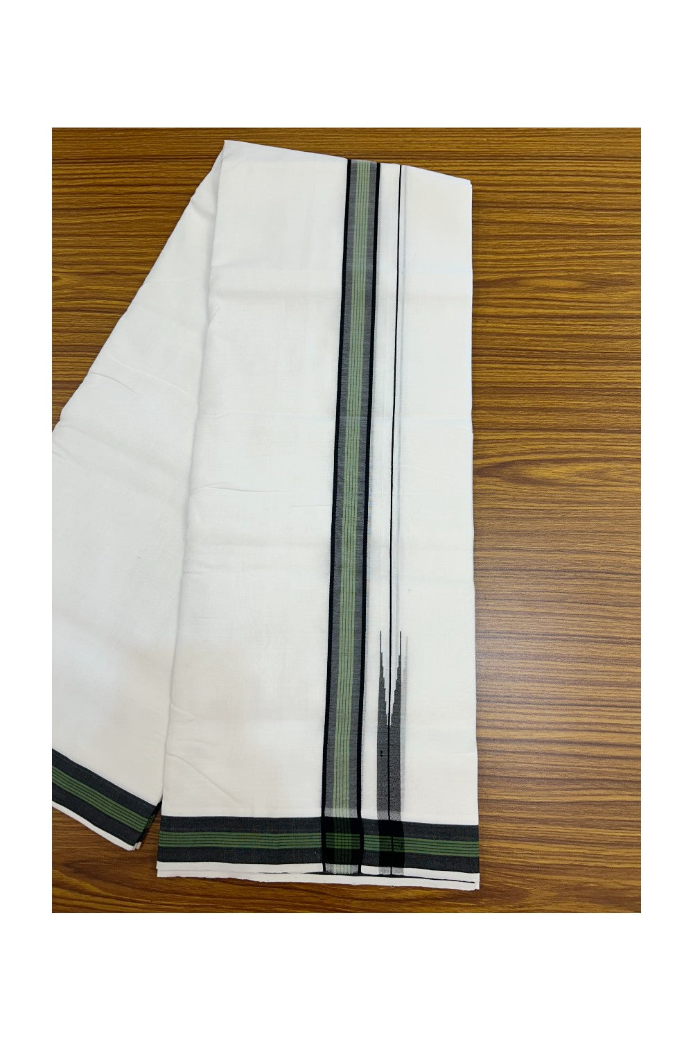 25% Discount!! NEW ULTRA PURE WHITE HANDLOOM Balaram apuram - 100% Mercerised Cotton Double Mundu/Dhoti - 120 twisted warp x 80s weft - 1.5 inch Puliyilakkara Black & Green Striped Chutty Kara - 4KK5232 REA