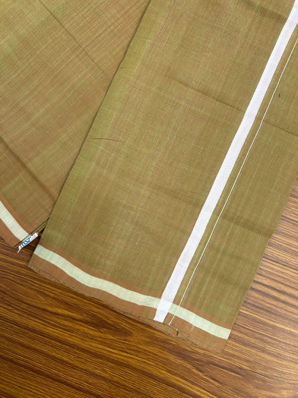 Handloom Single Hallmarked - 10% Discount !! KaithariKada 100% Pure Cotton - Mundu/Dhoti Sage Green Body White 0.5 inch Kara- (2 meter / 4 muzham)- 4 KK8030 ELA