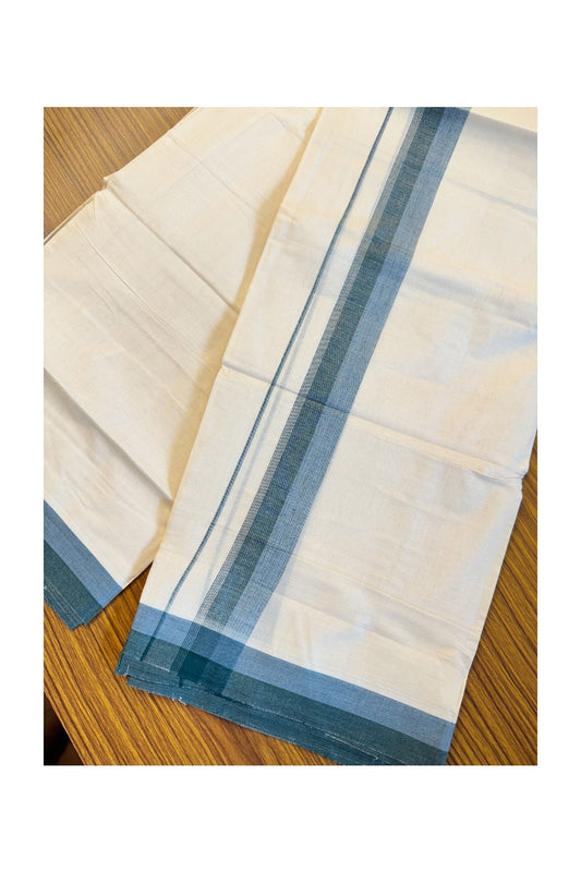19% DISCOUNT ! KaithariKada Balaramapuram 100%  Cotton off white Double - (Unbleached) Mundu/Dhoti - 100X100  Peacock green side stripes & blue shaded kara - 4KK81VIN