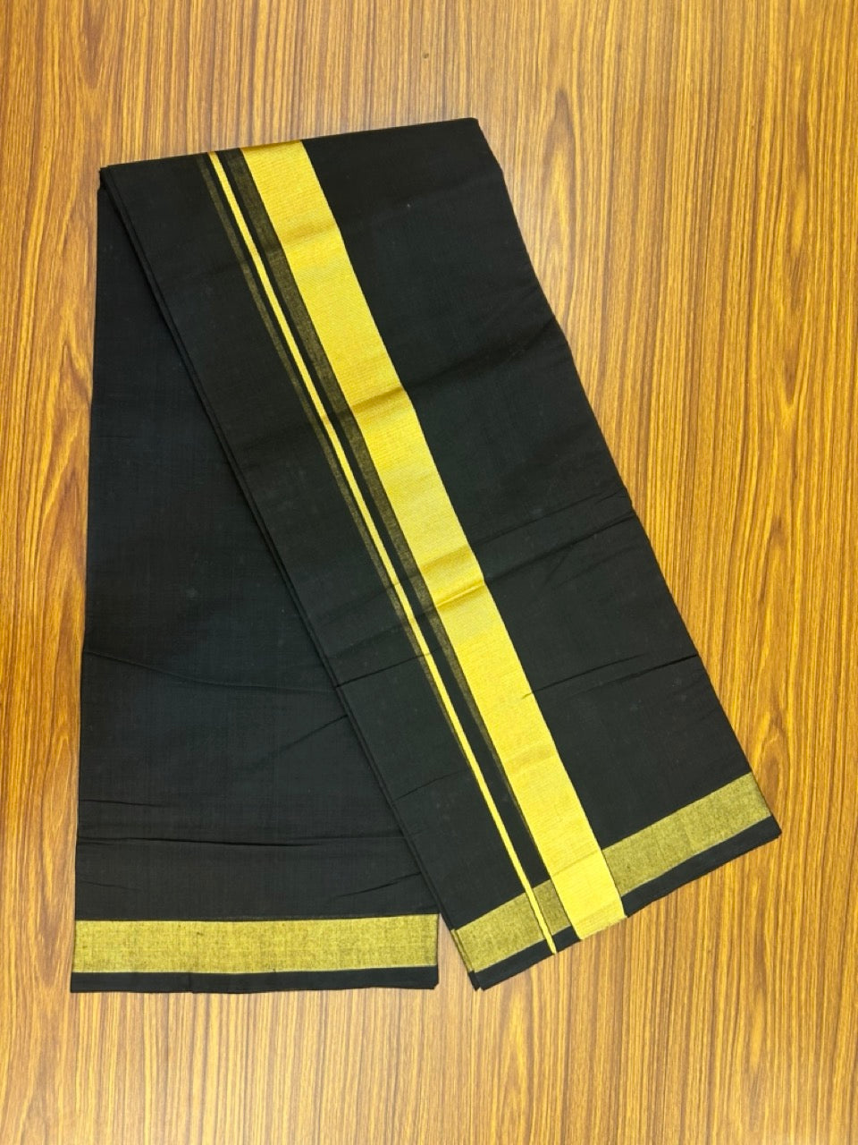 25% Discount! KaithariKada Handloom Unakkupaav Balaramapuram - Pure Cotton Double Mundu/Dhoti (Unbleached) - 80x90s - Black Colour Body - 1.5 inch Gold Kasavu Kara - 93 KK5256 RAM