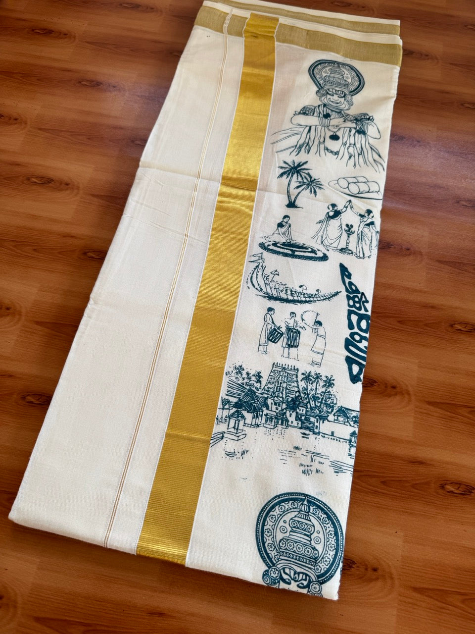 Double Off White - Onam Festival Print - (Unbleached) Mundu/Dhoti- 20% Discount!! KaithariKada Balaramapuram Mixed Cotton 60s - 1.5 inch Gold Kasav with Peaock Green Printed Design Kara - 4 KK5474 GAN
