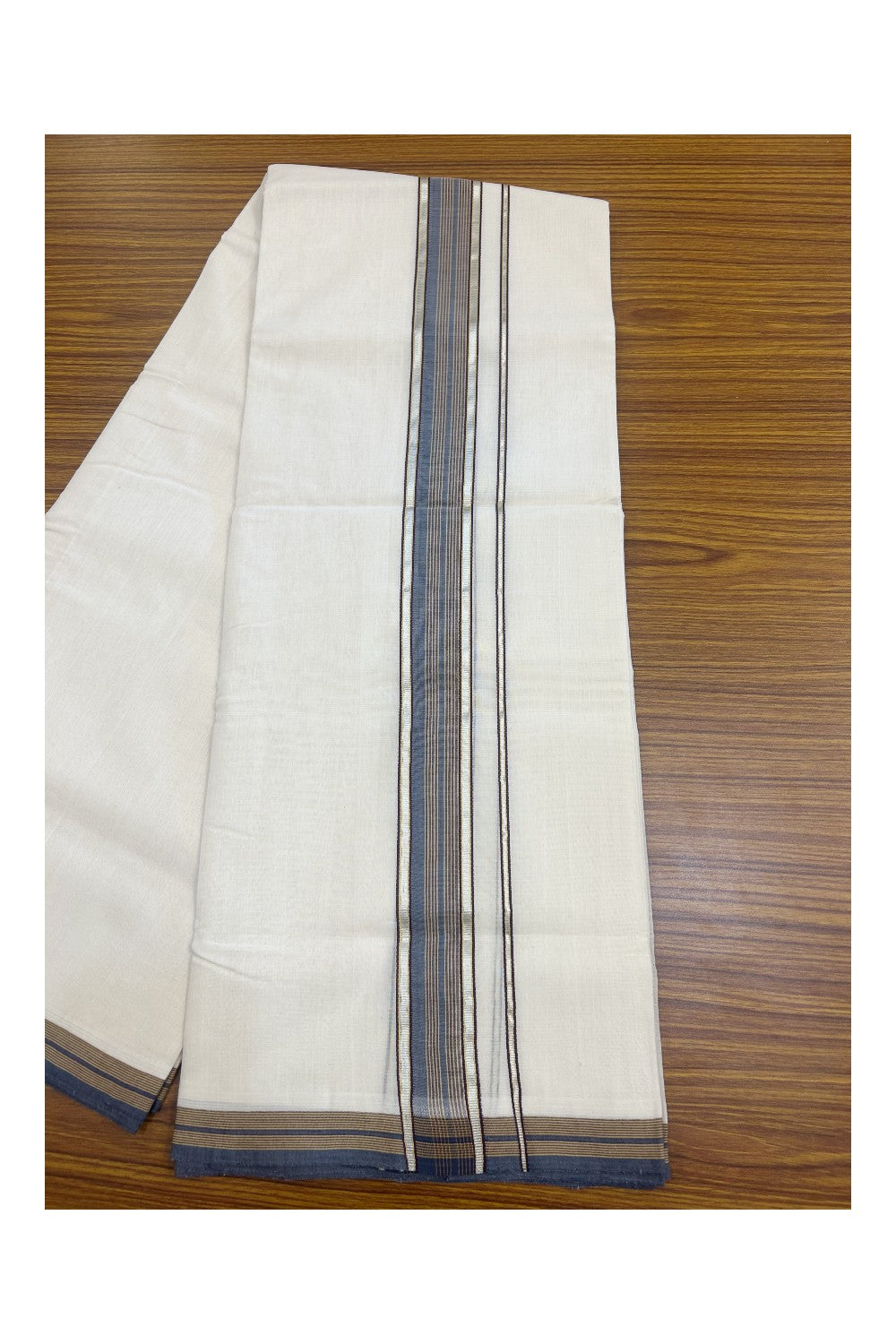 28% DISCOUNT! KaithariKada BALARAMAPURAM HANDLOOM UNAKKUPAAV - 100% PURE Cotton Off white (Unbleached) Double Mundu/Dhoti - 1.75 inch Silver Kasavu Sage green Navy blue Kara - 4KK5153RAM