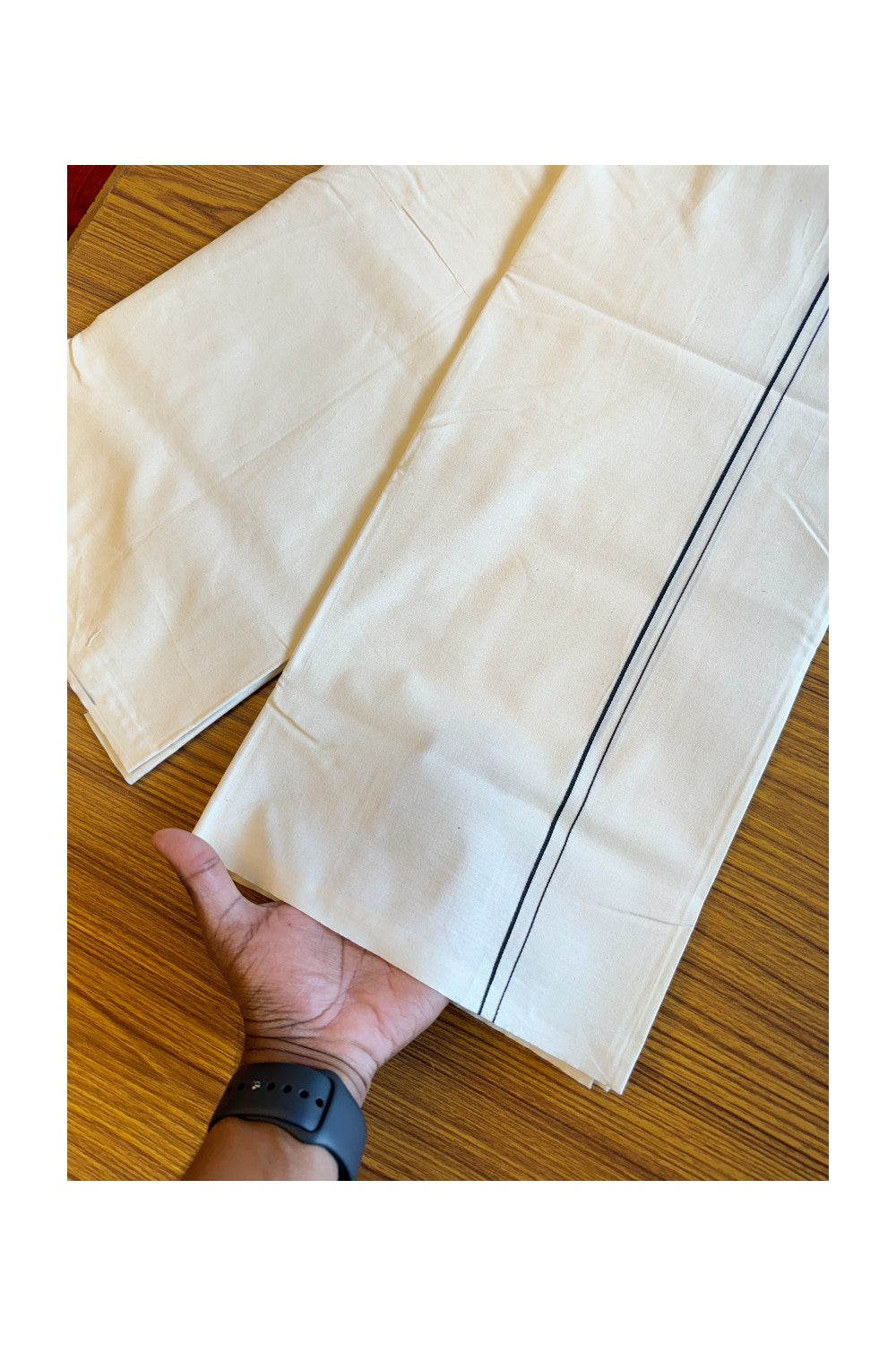 22% DISCOUNT ! KaithariKada Balaramapuram 100%  COTTON SINGLE OFF WHITE - (Unbleached) Mundu/Dhoti - 100X100 - (2 meter / 4 muzham) Black Thin Kara- 4KK202ASH