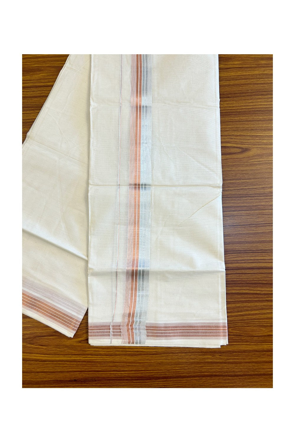 14% DISCOUNT!! KaithariKada Balaramapuram 100% Cotton Double Off white (Unbleached) Mundu/Dhoti-80x72- Silver & Copper Striped Kara - 4KK463CEE