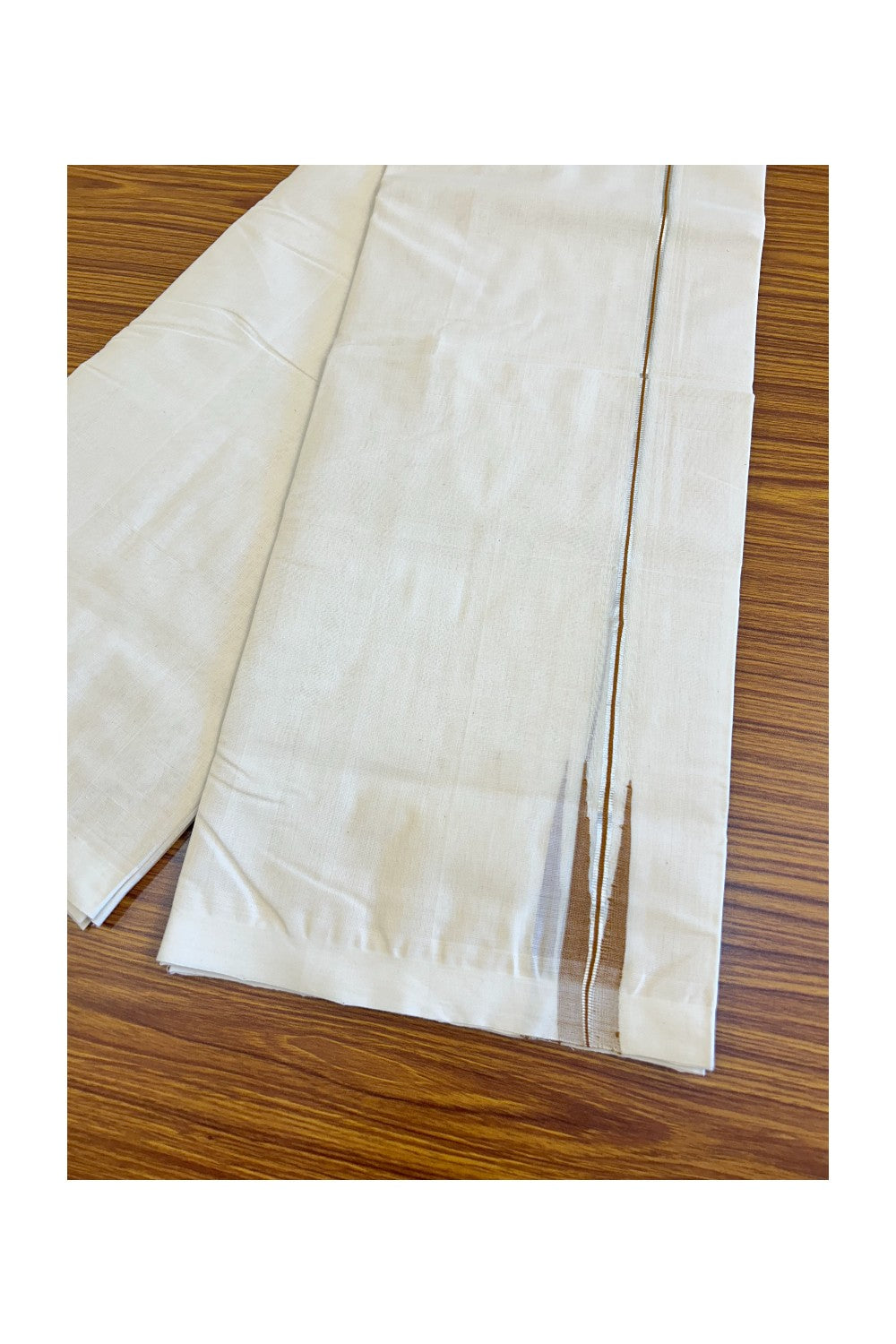 30% DISCOUNT!! KaithariKada HANDLOOM Millpaav Balaramapuram - 100% PURE Cotton OFF White - (Unbleached) Double Mundu/Dothi - 2 cm Puliyilakkara silver kasavu Brown chutty - 4KK476RAM
