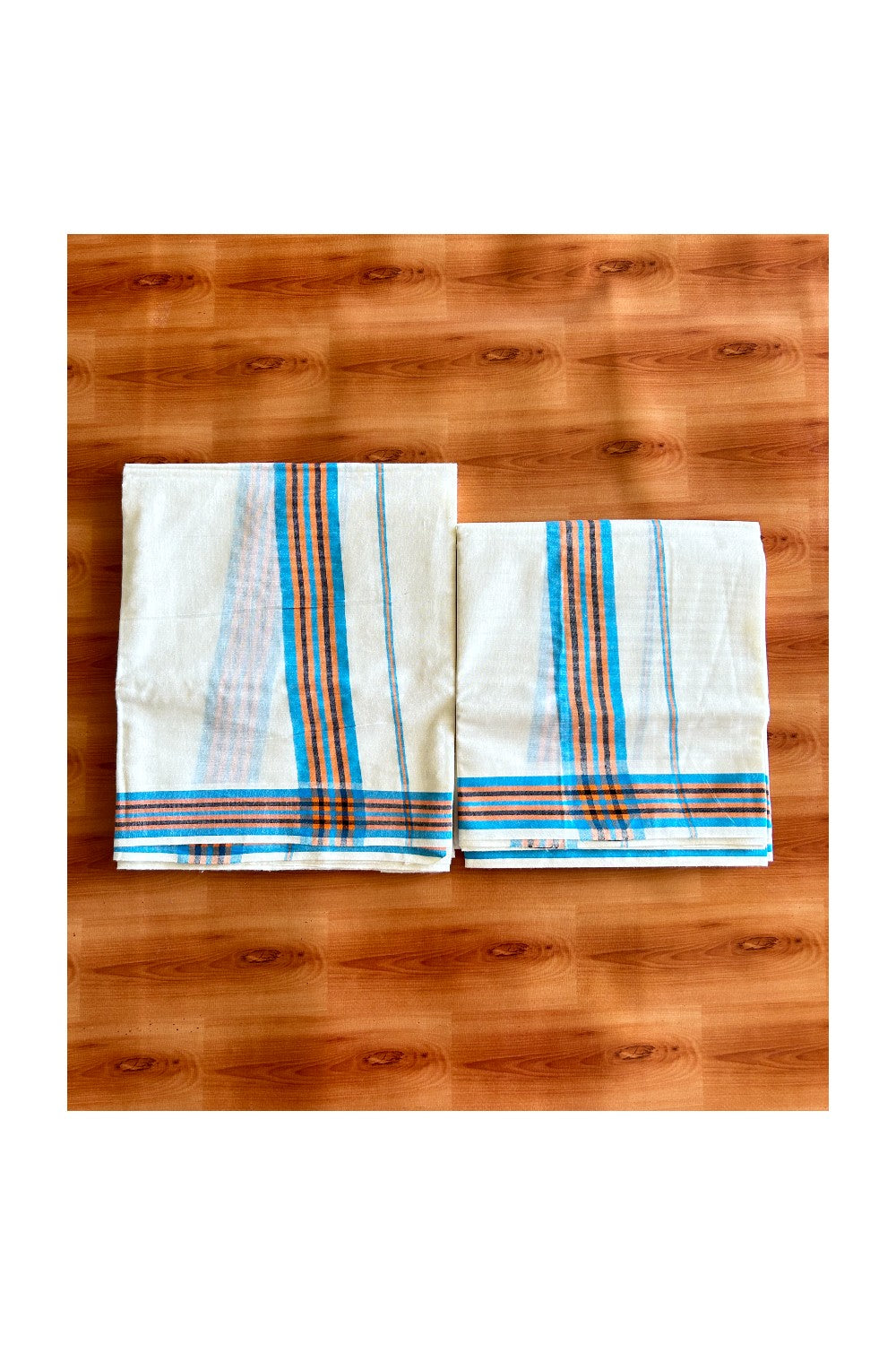 16% Discount!! KaithariKada - Kerala Cotton SINGLE SET MUND FOR WOMEN Blue, Orange & Black Striped Mulloth Kara- 4KK494VIN