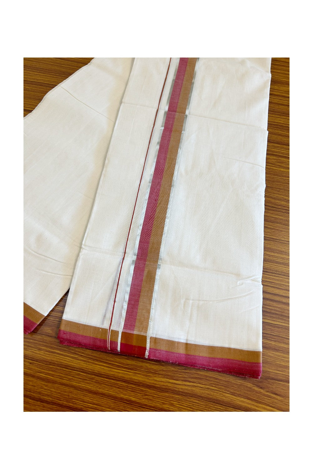 30% Discount KaithariKada HANDLOOM Unakkupaav Balaramapuram - 100% PURE Cotton Off White - (Unbleached) 100x100 Double Mundu/Dhoti - 2.15 inch  Silver Kasavu Brown & Red Kara-  4KK498KK