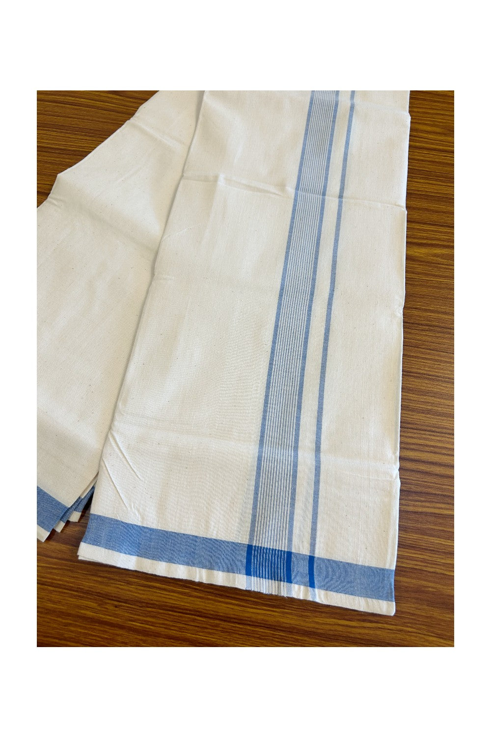 30% Discount KaithariKada 100% Cotton Balaramapuram HANDLOOM Single Mundu/Dhoti - Off White- (Unbleached) 2 inch Blue Stripes Kara (2 meter / 4 muzham)  - 4KK499KK