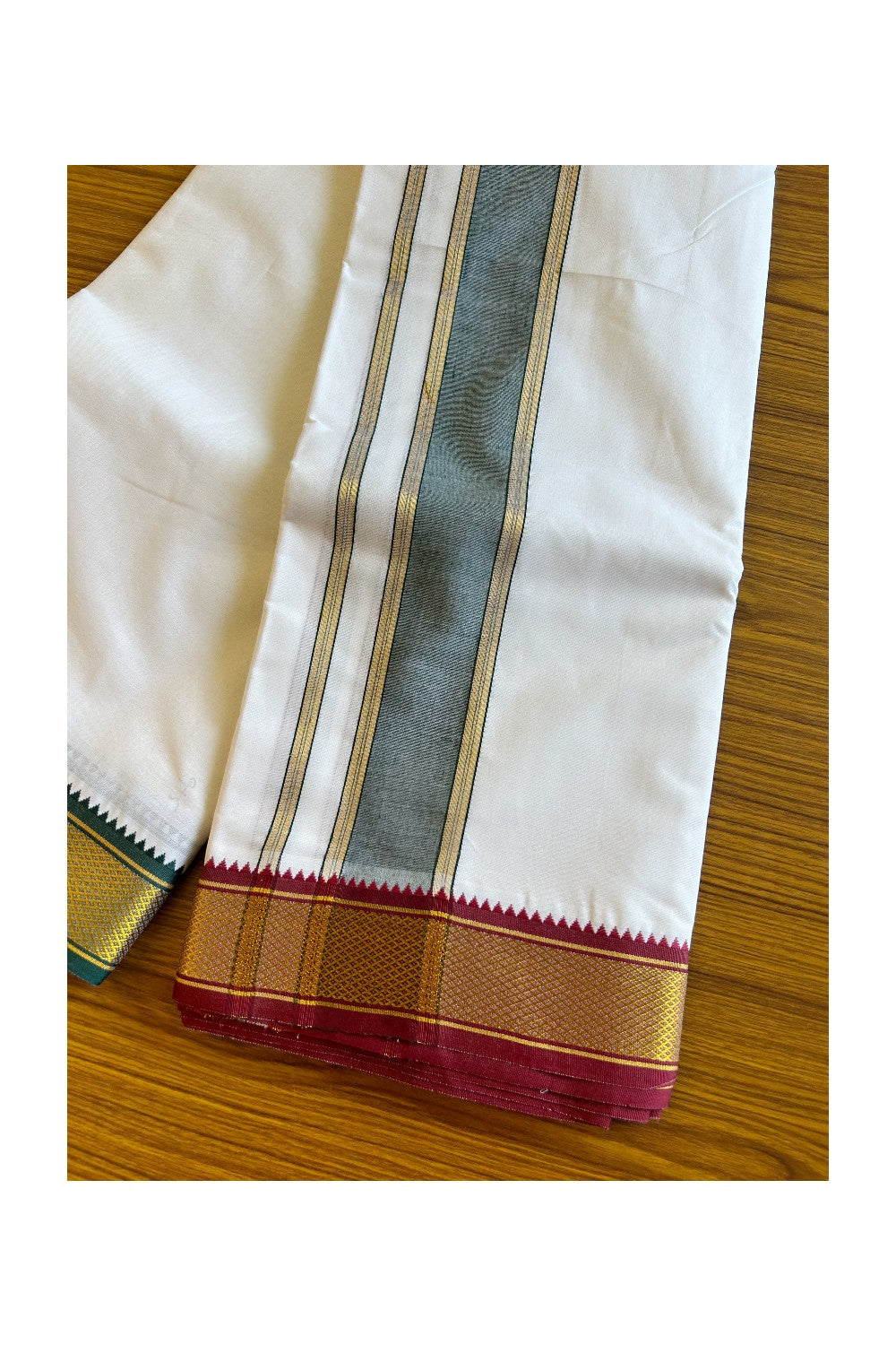 15% DISCOUNT! KaithariKada Cotton mix PURE White - 80x 80 thread - 80 % Cotton & 20 % Polyster -NORTH INDIAN - ATTACHED GAMCHA 10x6 Dhoti- Gold Kasavu Green shaded kara with Green & Maroon - 4KK5008PMC
