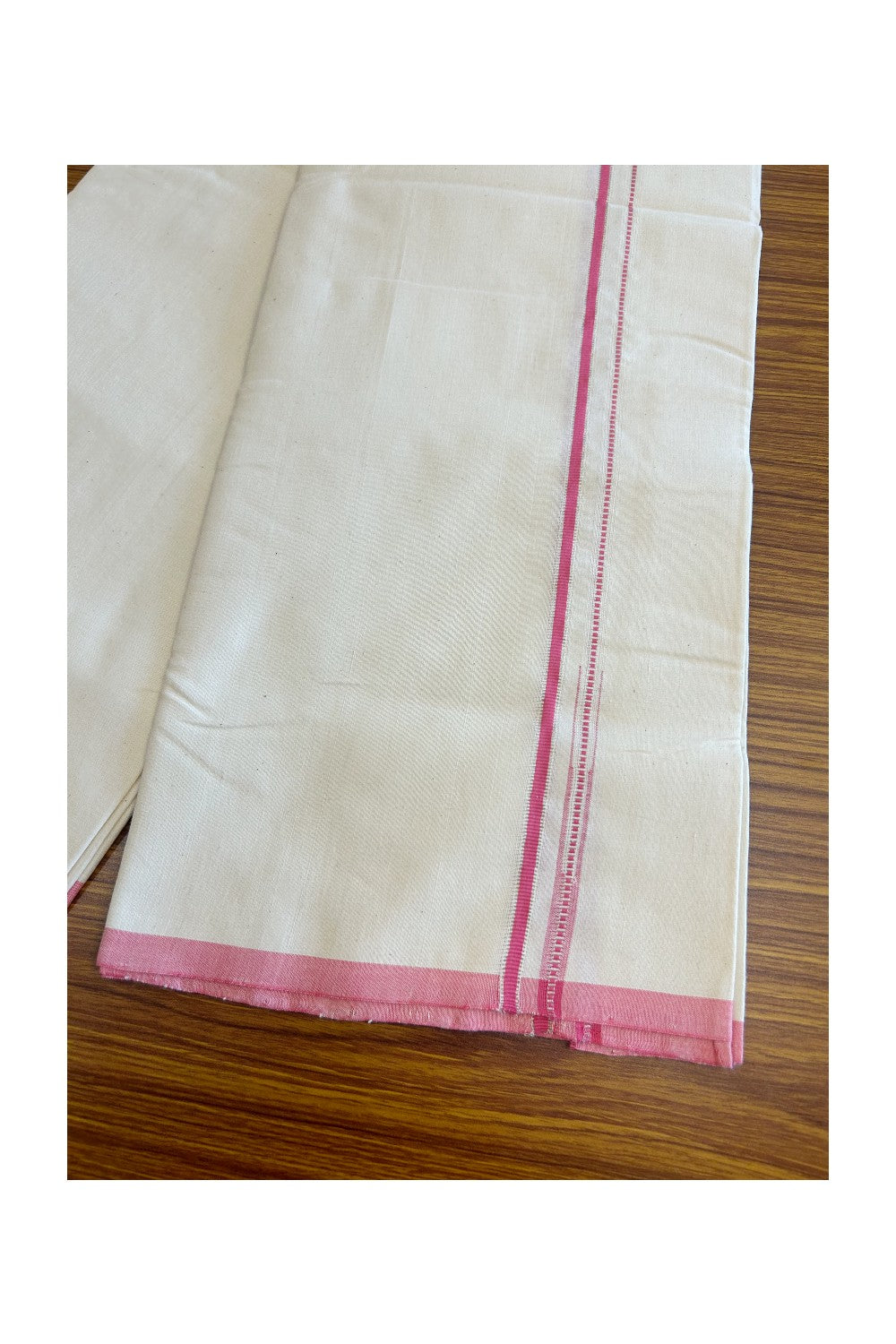 SIGNATURE KAITHARIKADA EXCLUSIVE SINGLE DHOTI - 100% Cotton Balaramapuram HANDLOOM Single Mundu/Dhoti - Off White - (Unbleached) 0.25 Inch Muthukuri Pink & Silver KASAVU Chutty Kara (2 meter / 4 muzham)  - 4KK5010KAI