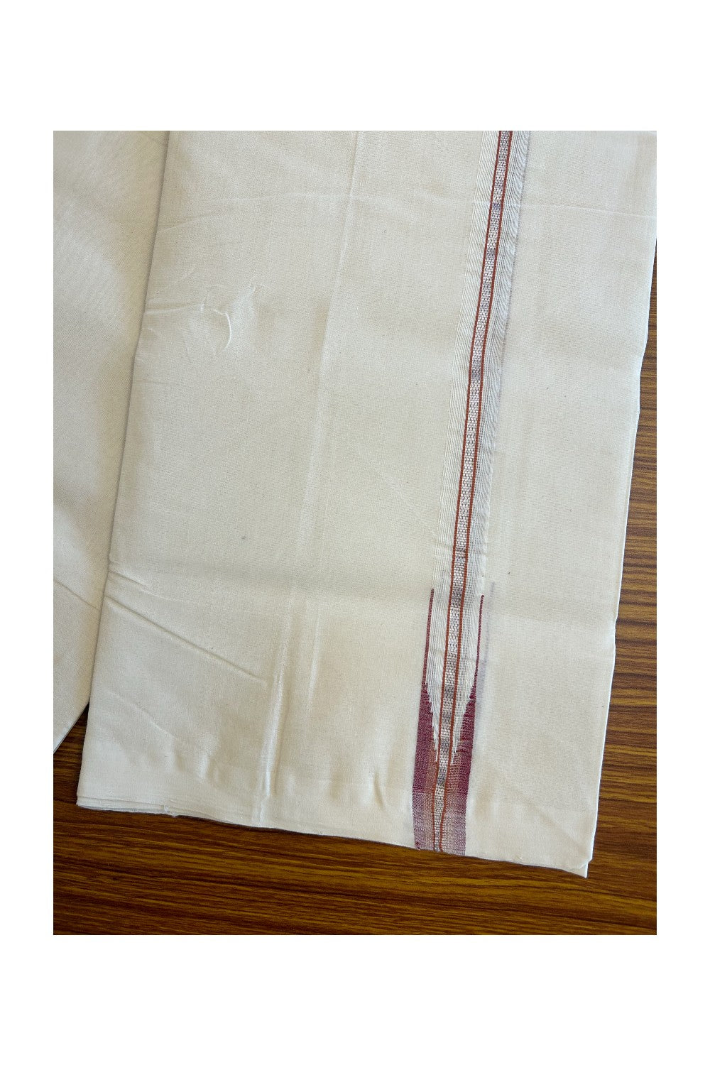 30% DISCOUNT!! KaithariKada HANDLOOM Millpaav Balaramapuram - 100% PURE Cotton OFF White Double - (Unbleached) Mundu/Dothi - 1 inch Puliyilakkara silver Kasavu Orange & Maroon chutty Kara - 4KK5011RAM