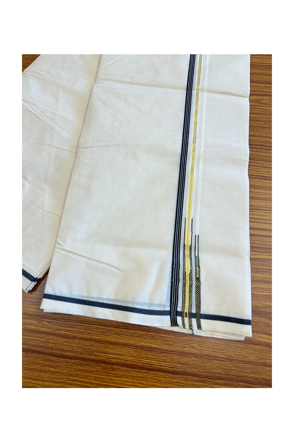 27% Discount Latest!! KaithariKada Balaramapuram 100% Cotton Double Off white - (Unbleached) Mundu/Dhoti-100x100 1.cm  Puliyilakkara Black Striped kara & Kasavu Double Chutty - 4KK5019ASH