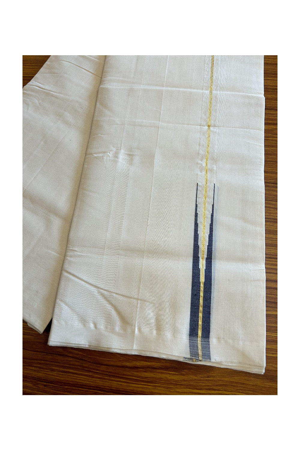 30% DISCOUNT!! KaithariKada HANDLOOM Millpaav Balaramapuram - 100% PURE Cotton OFF White Double - (Unbleached) Mundu/Dothi - 1 inch puliyilakkara Kasavu Navy Blue chutty - 4KK5029RAM